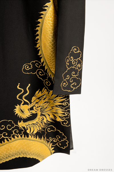 Black Groom Ao Dai Jacket, Hand-Painted Dragon Vietnamese Ao Dai