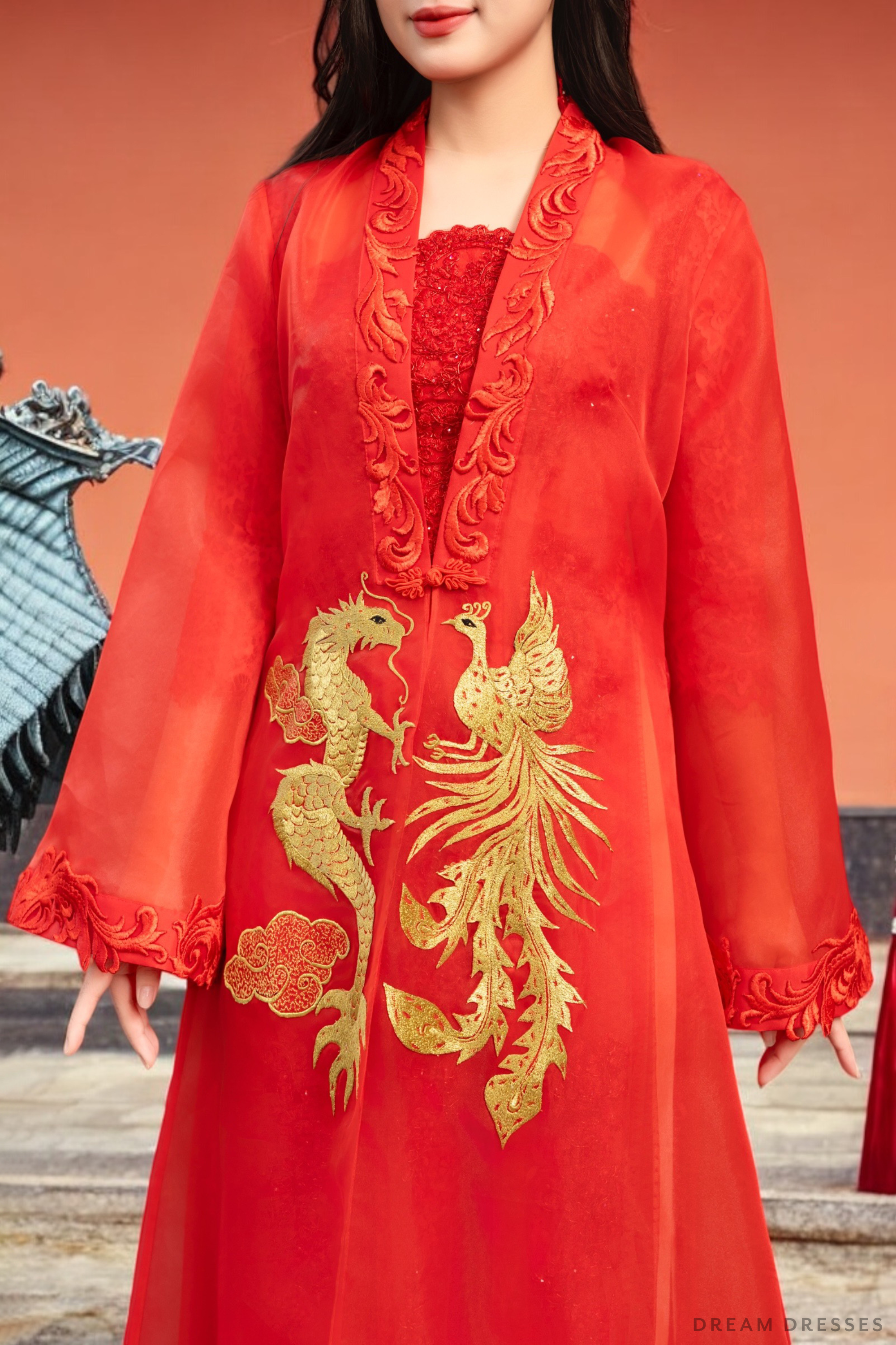 Red and Gold Ao Dai OverCoat | Traditional Vietnamese Bridal OverCoat  (#ANNA)