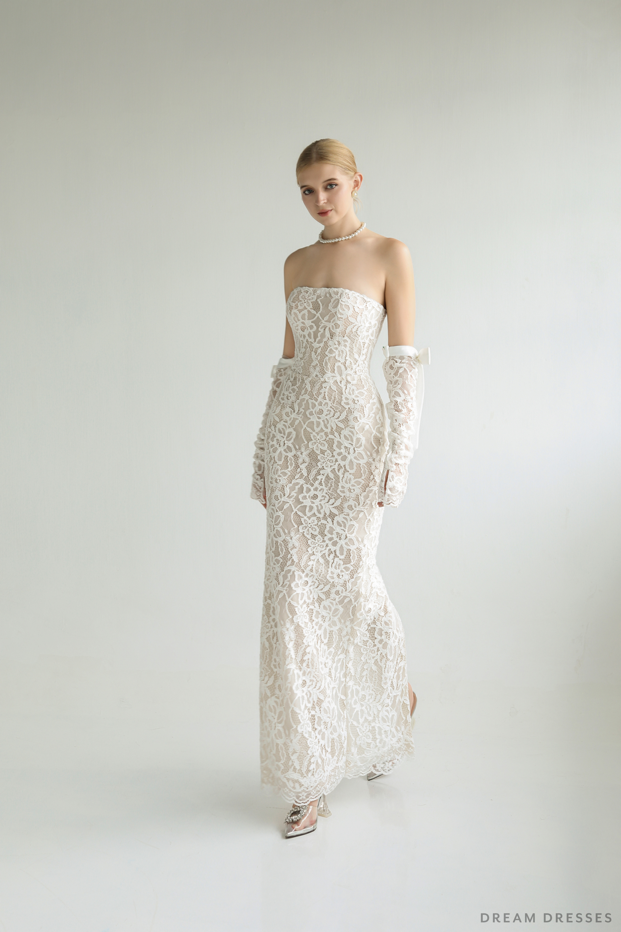 Strapless Lace Wedding Dress with Detachable Sleeves (#MERITA)