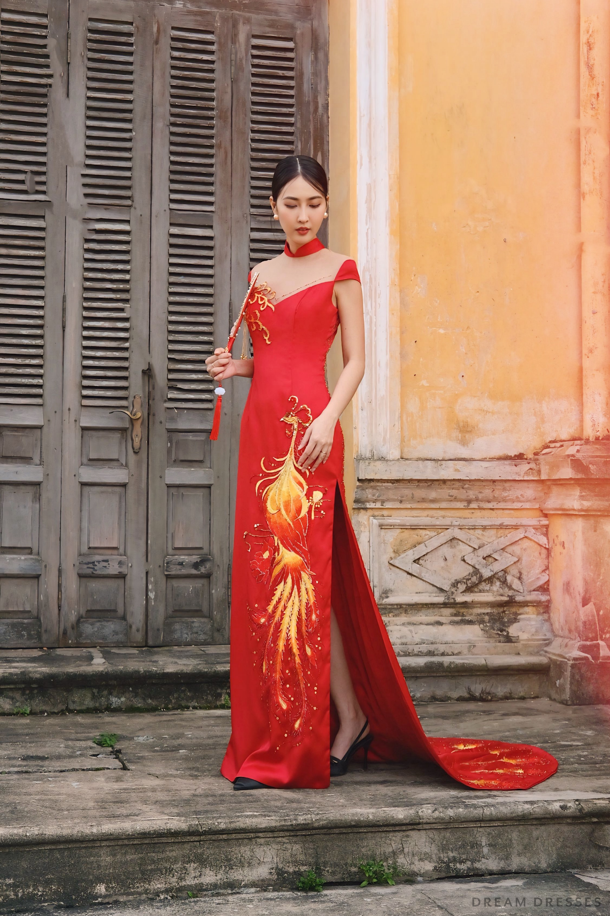 Red Bridal Cheongsam | Red Qipao Bridal Gown with Phoenix Lace  (#LANIE)