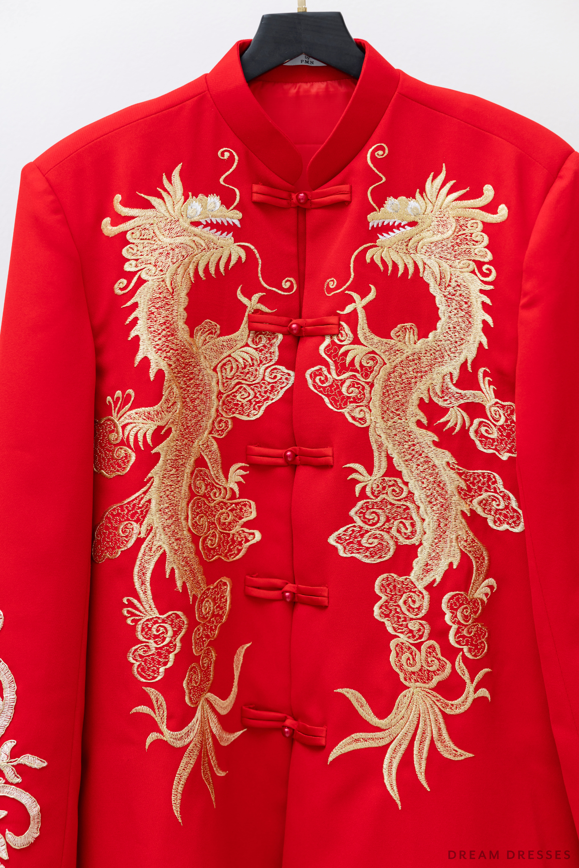 Red and Gold Groom Jacket with Dragon Embroidery| Red Chinese Tang Suit (#Khang)