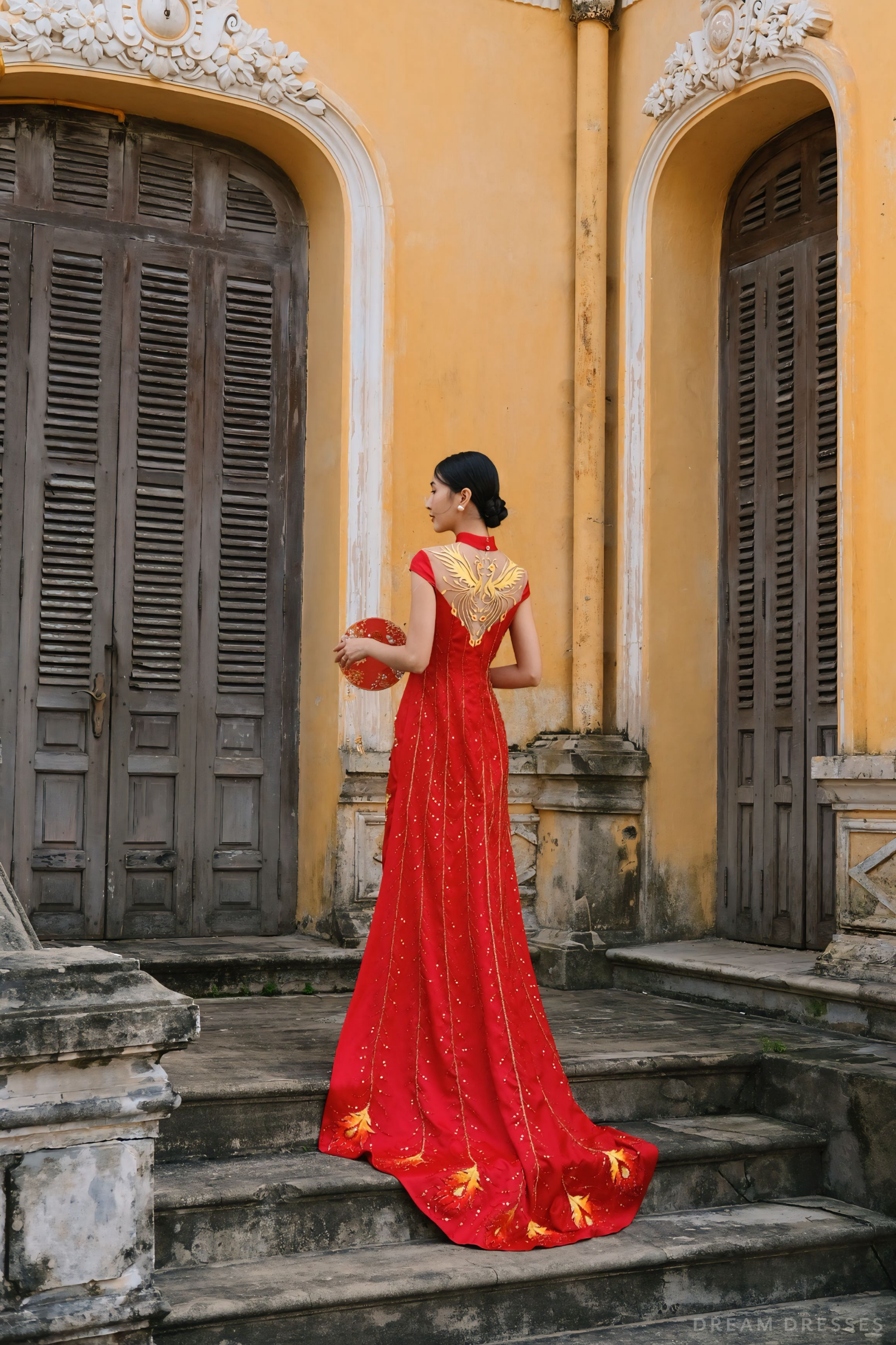 Red Bridal Cheongsam | Red Qipao Bridal Gown with Phoenix Lace  (#LANIE)