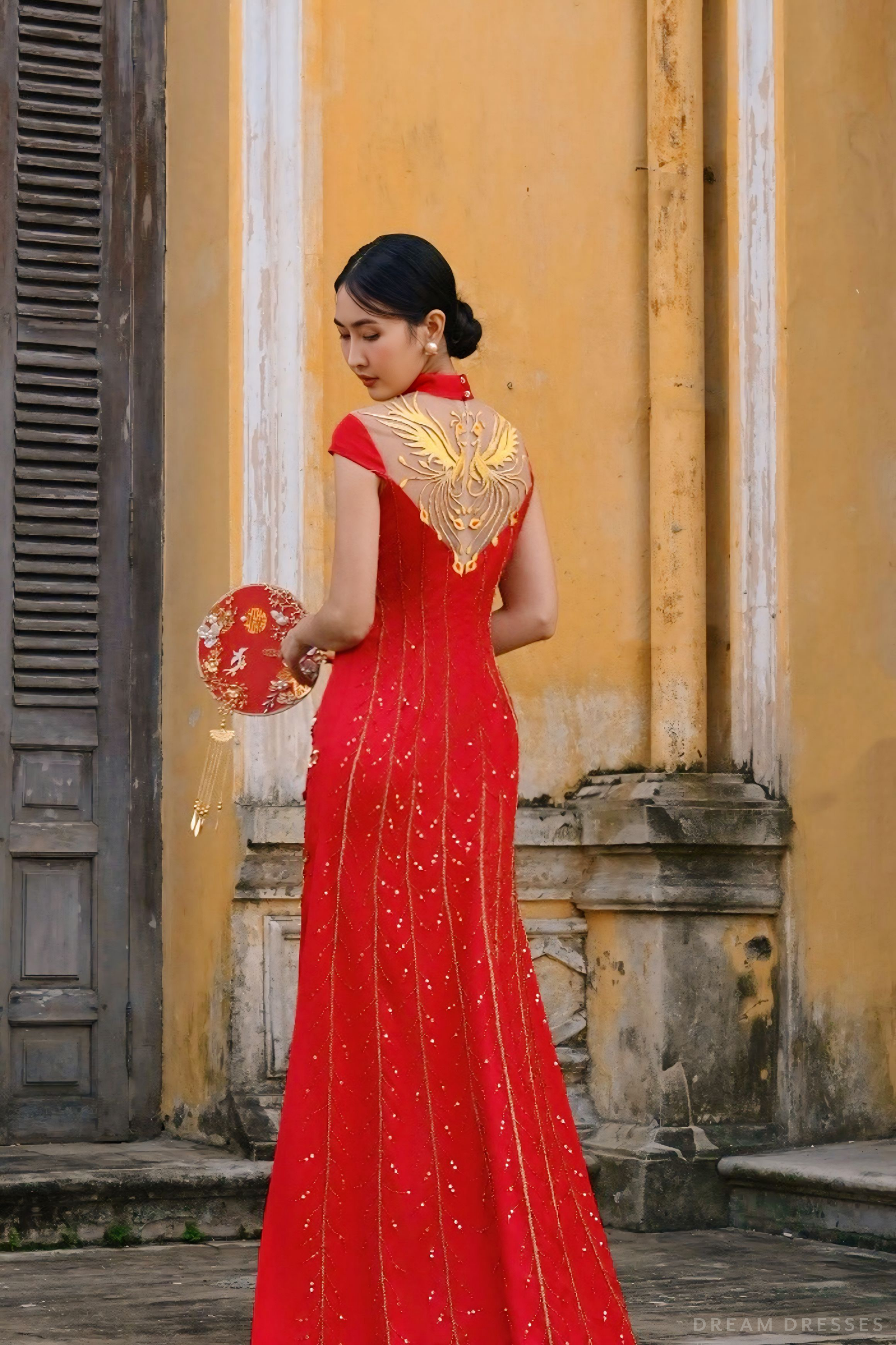 Red Bridal Cheongsam | Red Qipao Bridal Gown with Phoenix Lace  (#LANIE)