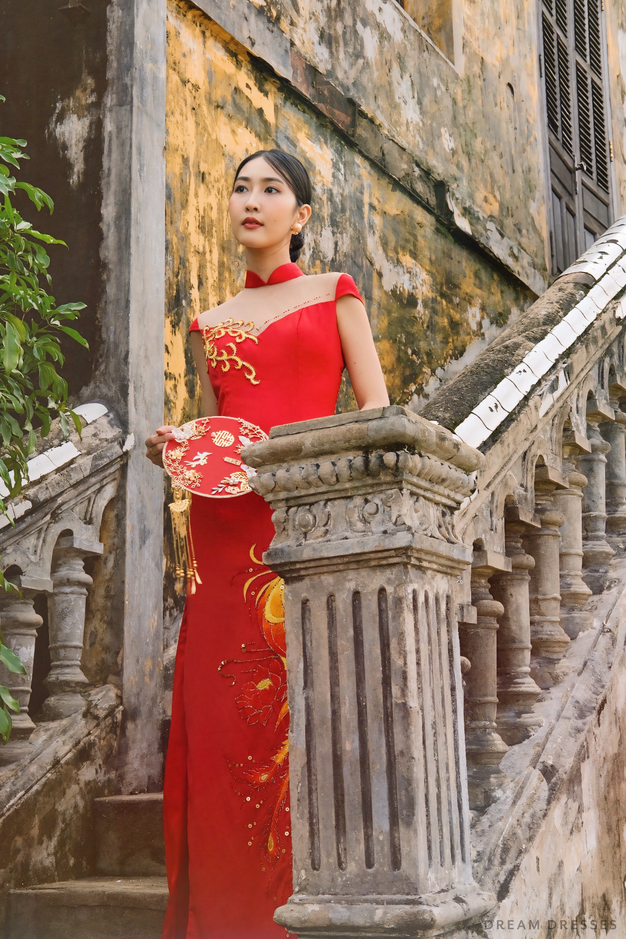 Red Bridal Cheongsam | Red Qipao Bridal Gown with Phoenix Lace  (#LANIE)