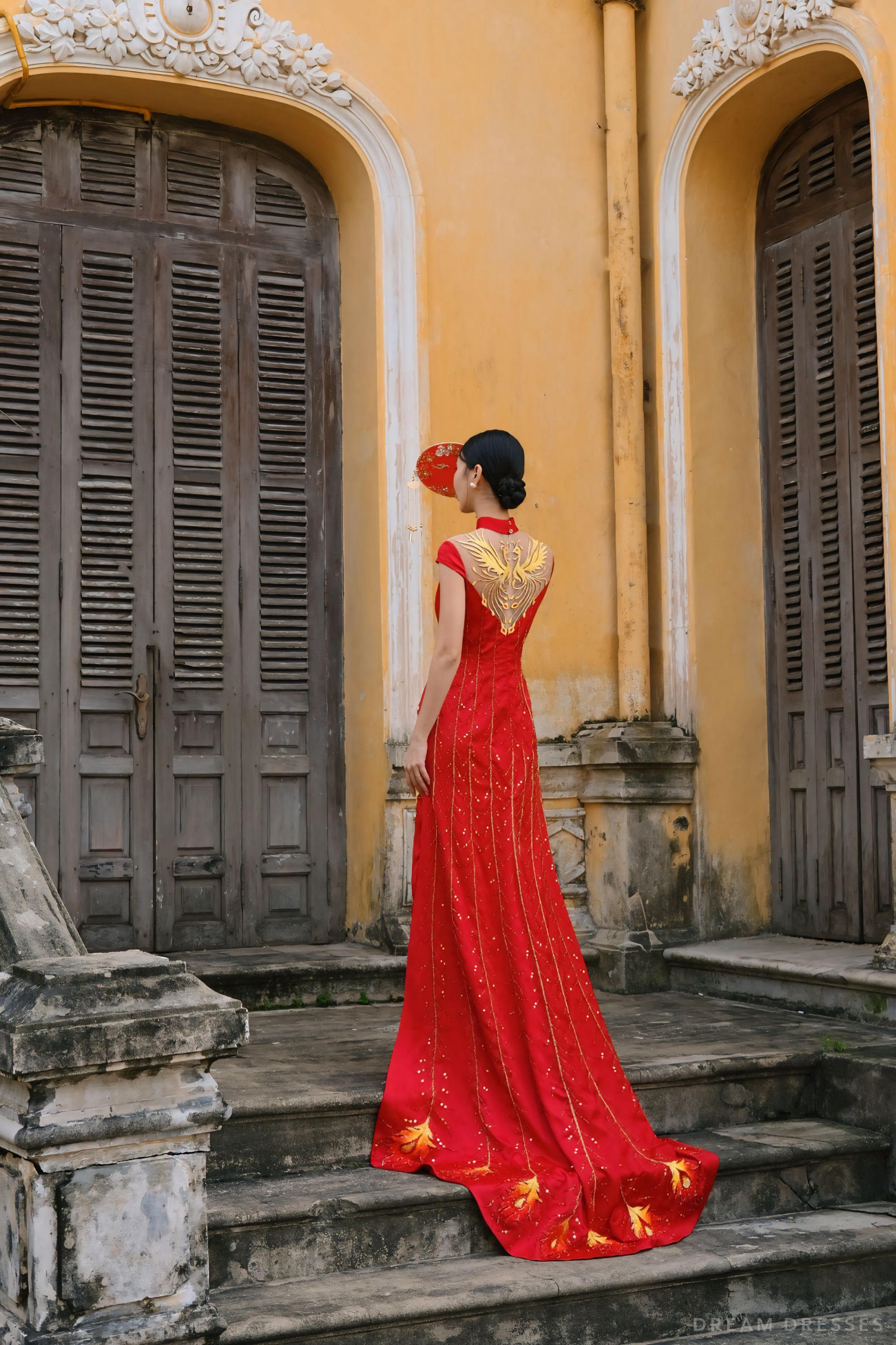 Red Bridal Cheongsam | Red Qipao Bridal Gown with Phoenix Lace  (#LANIE)