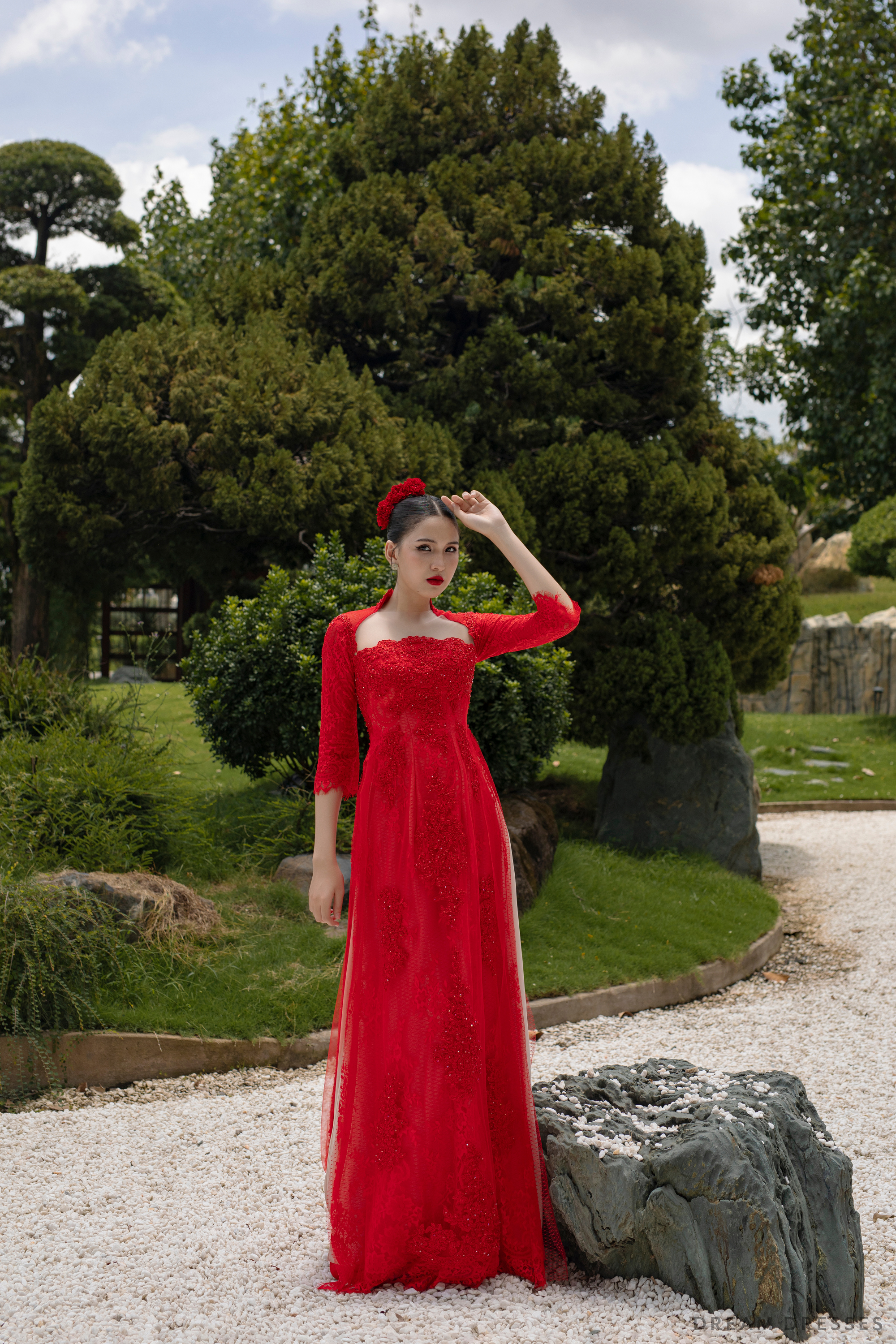 Red Bridal Ao Dai | Modern Vietnamese Bridal Dress with Couture Lace (#STEFANIA)