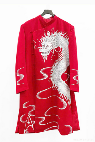 Red Groom Ao Dai Jacket | Hand-Painted Dragon Vietnamese Ao Dai (#CUONG)