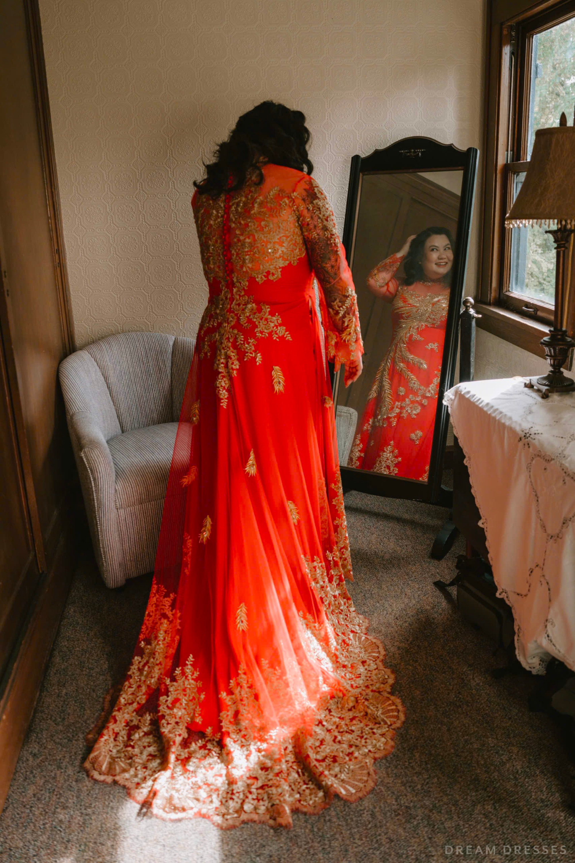 Red Bridal Ao Dai | Vietnamese Modern Bridal Dress with Phoenix Embroidery (#LYS)