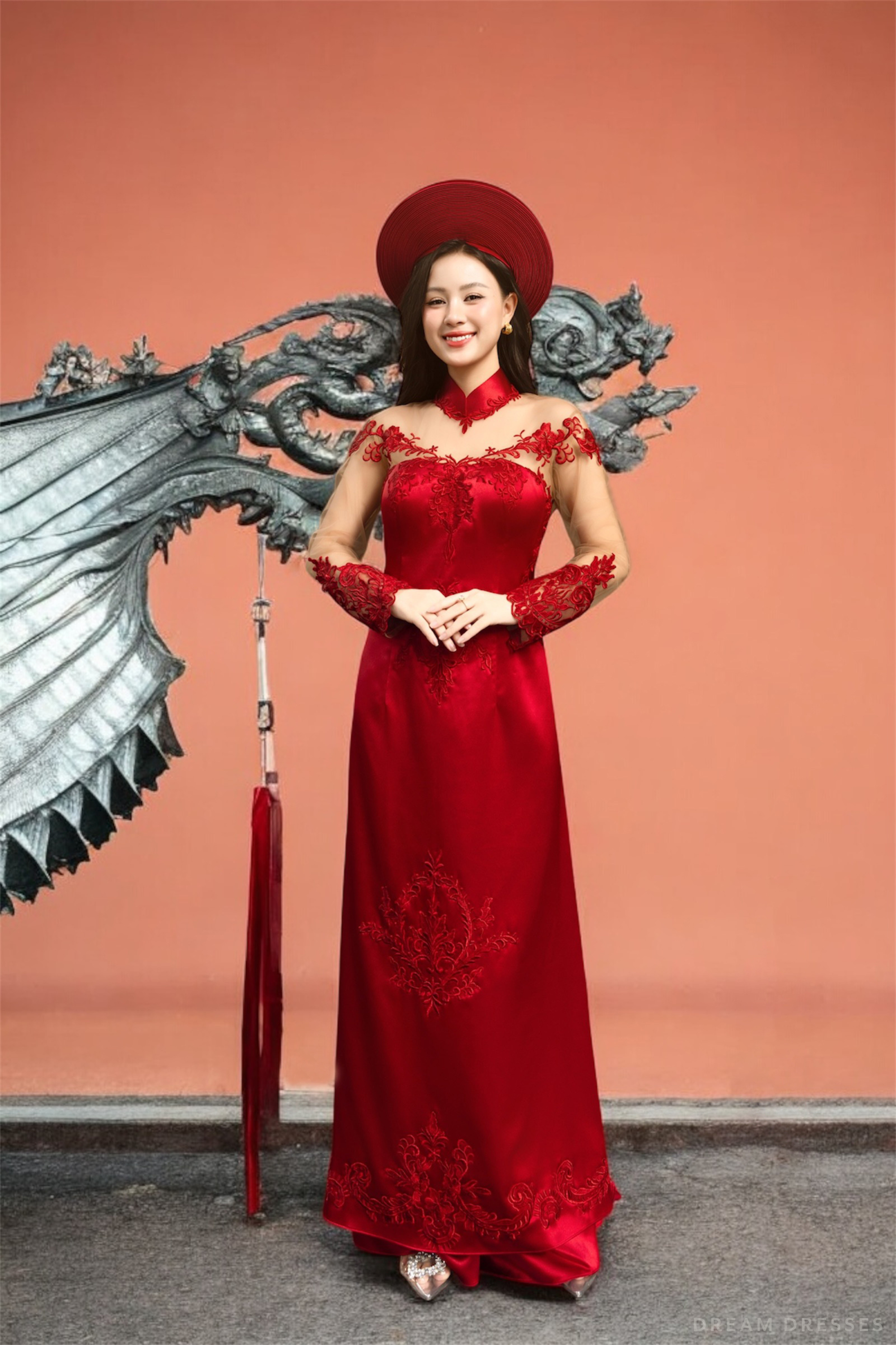 Red Bridal Ao Dai with Couture Lace | Vietnamese Bridal Dress (#AMINA)