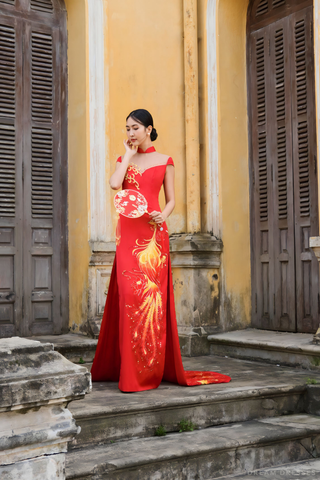 Red Bridal Cheongsam | Red Qipao Bridal Gown with Phoenix Lace  (#LANIE)