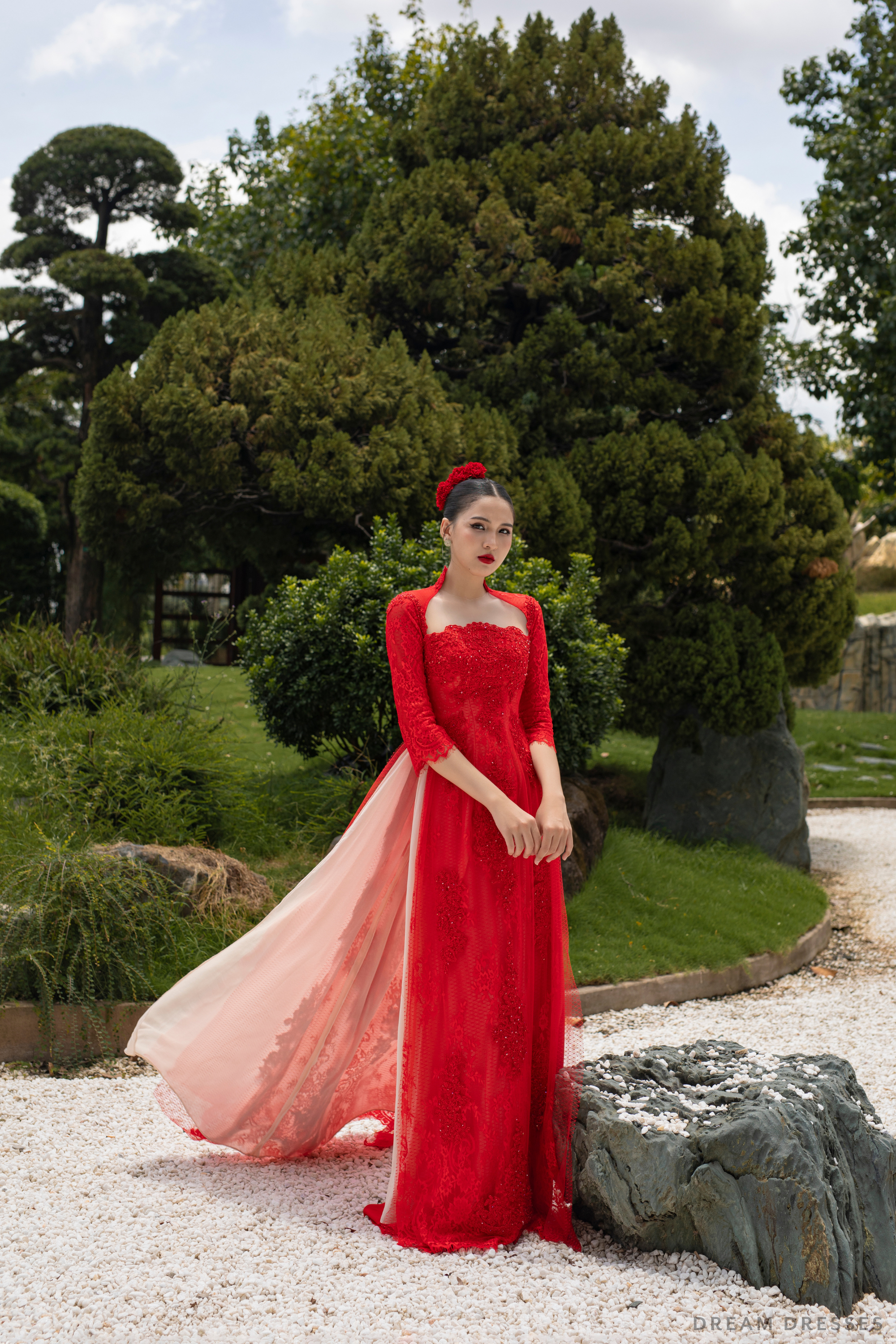 Red Bridal Ao Dai | Modern Vietnamese Bridal Dress with Couture Lace (#STEFANIA)