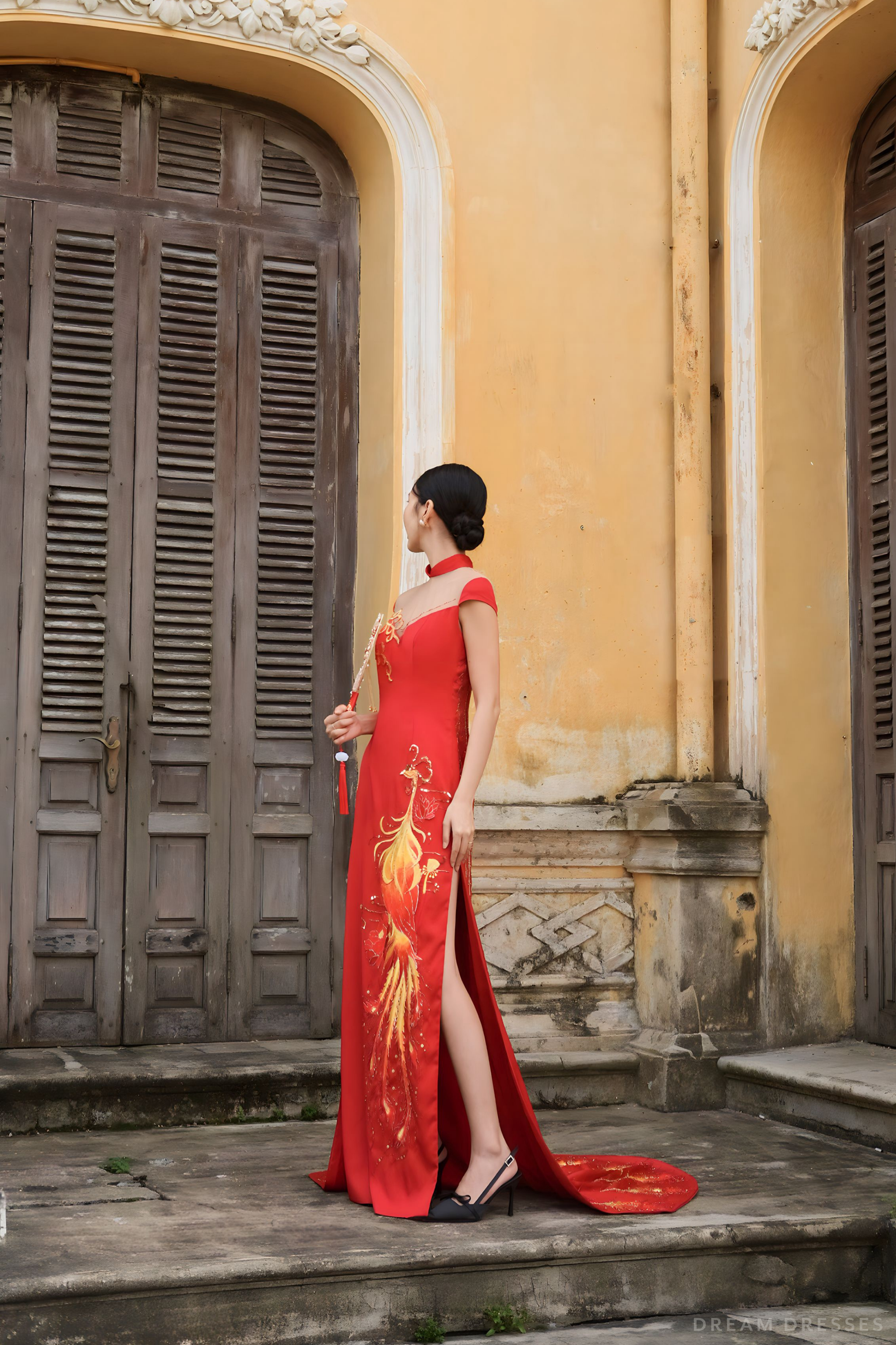 Red Bridal Cheongsam | Red Qipao Bridal Gown with Phoenix Lace  (#LANIE)