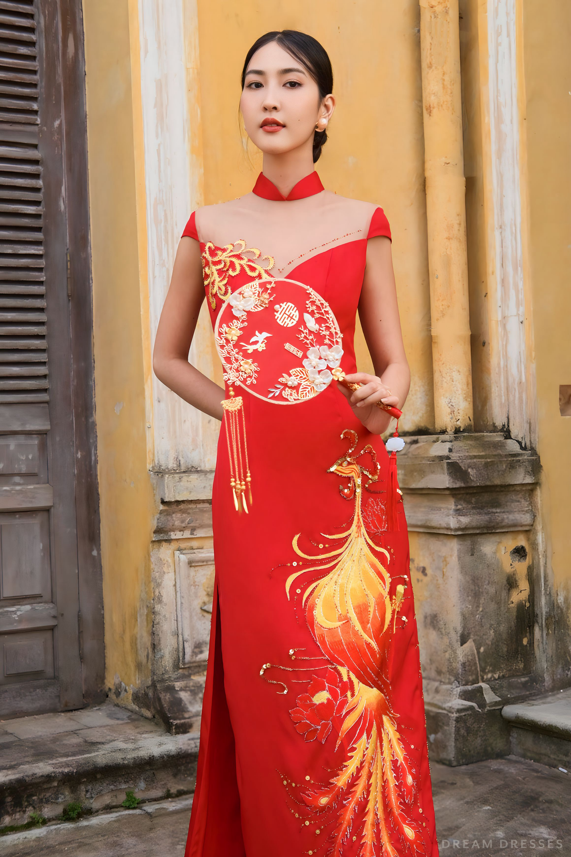 Red Bridal Cheongsam | Red Qipao Bridal Gown with Phoenix Lace  (#LANIE)