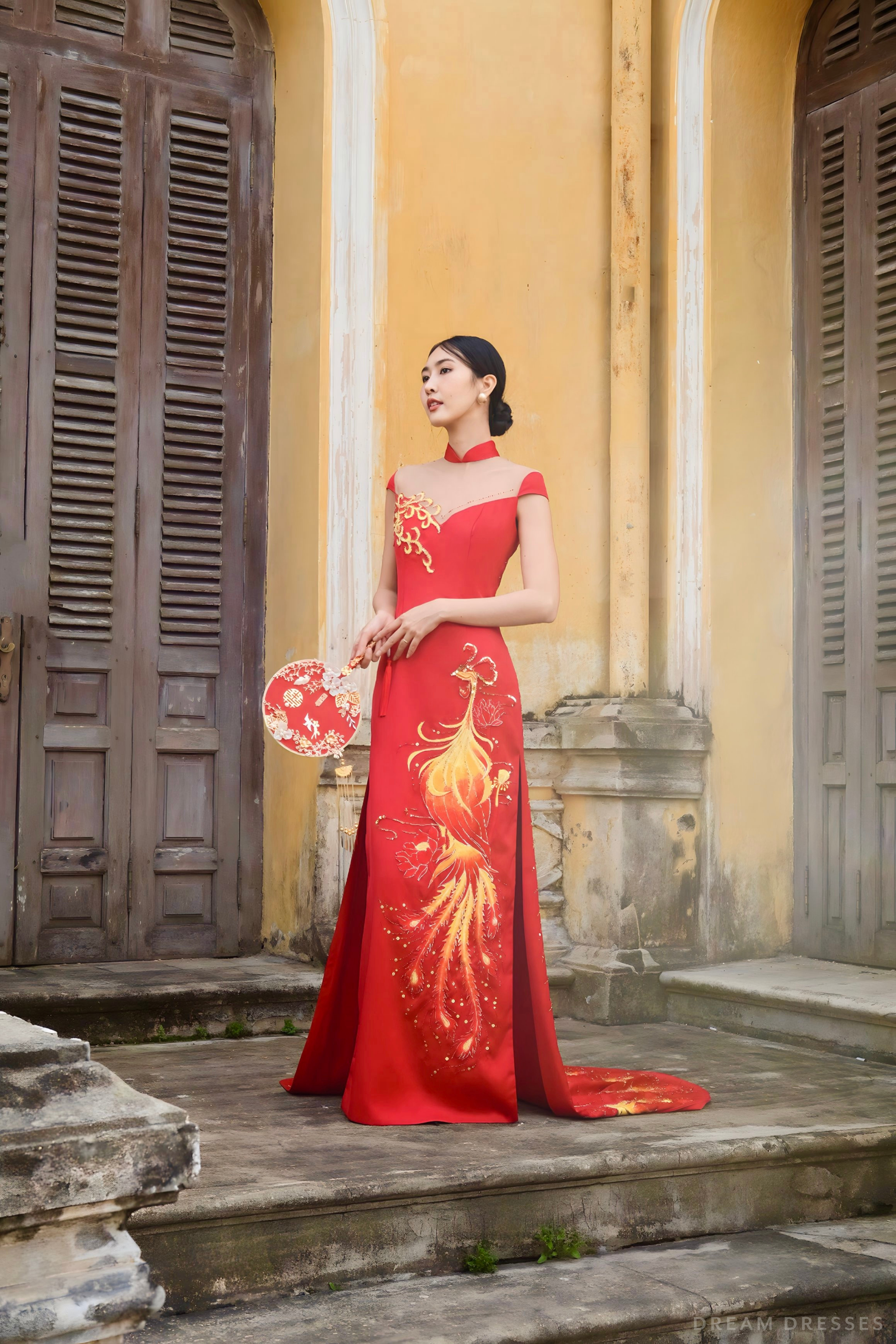 Red Bridal Cheongsam | Red Qipao Bridal Gown with Phoenix Lace  (#LANIE)