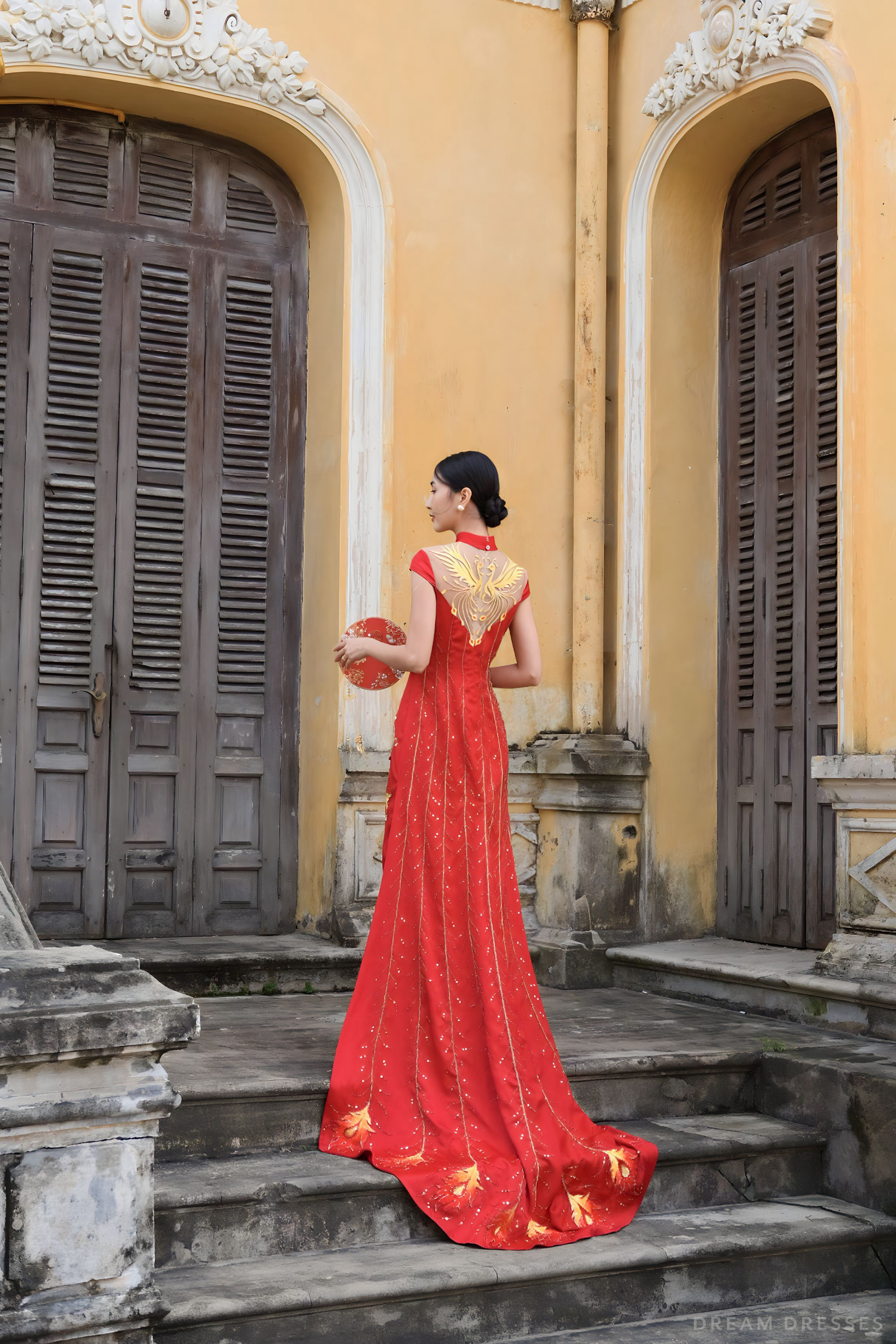 Red Bridal Cheongsam | Red Qipao Bridal Gown with Phoenix Lace  (#LANIE)