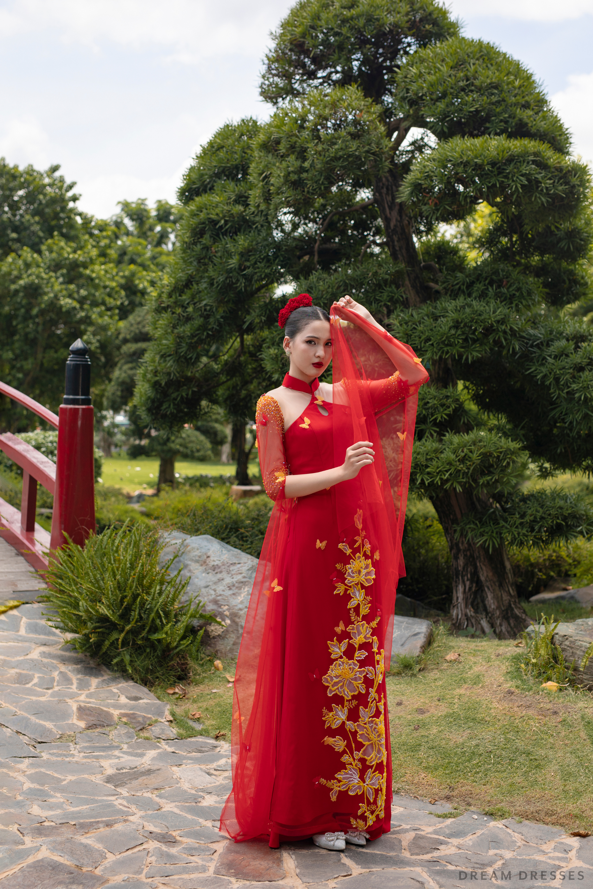 Red Bridal Ao Dai with Gold Lace | Modern Vietnamese Bridal Dress (#SEDNEE)