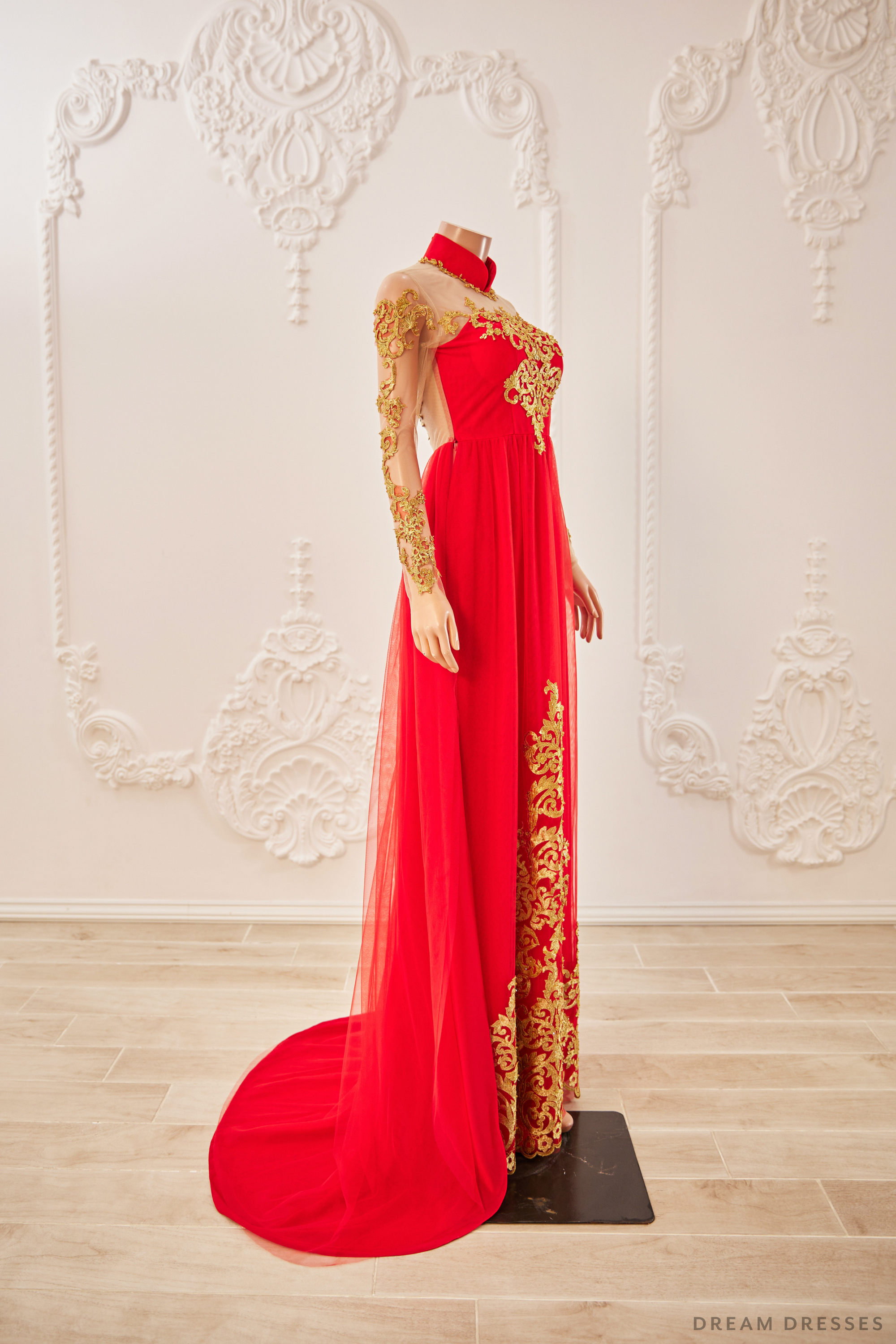 Red Bridal Ao Dai | Vietnamese Traditional Bridal Dress with Gold Lace |  Dream Dresses by P.M.N.