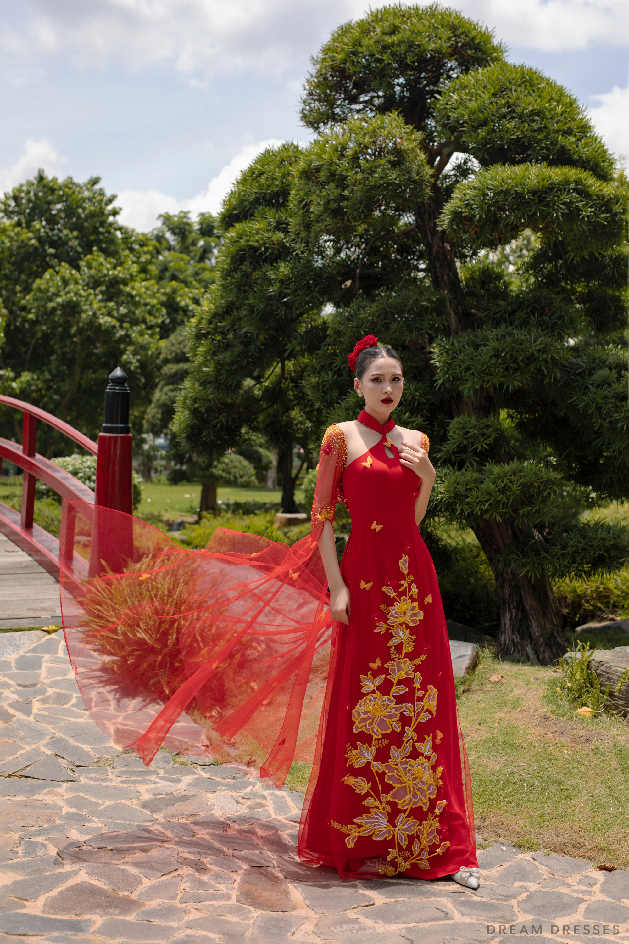 Red Bridal Ao Dai with Gold Lace | Modern Vietnamese Bridal Dress (#SEDNEE)