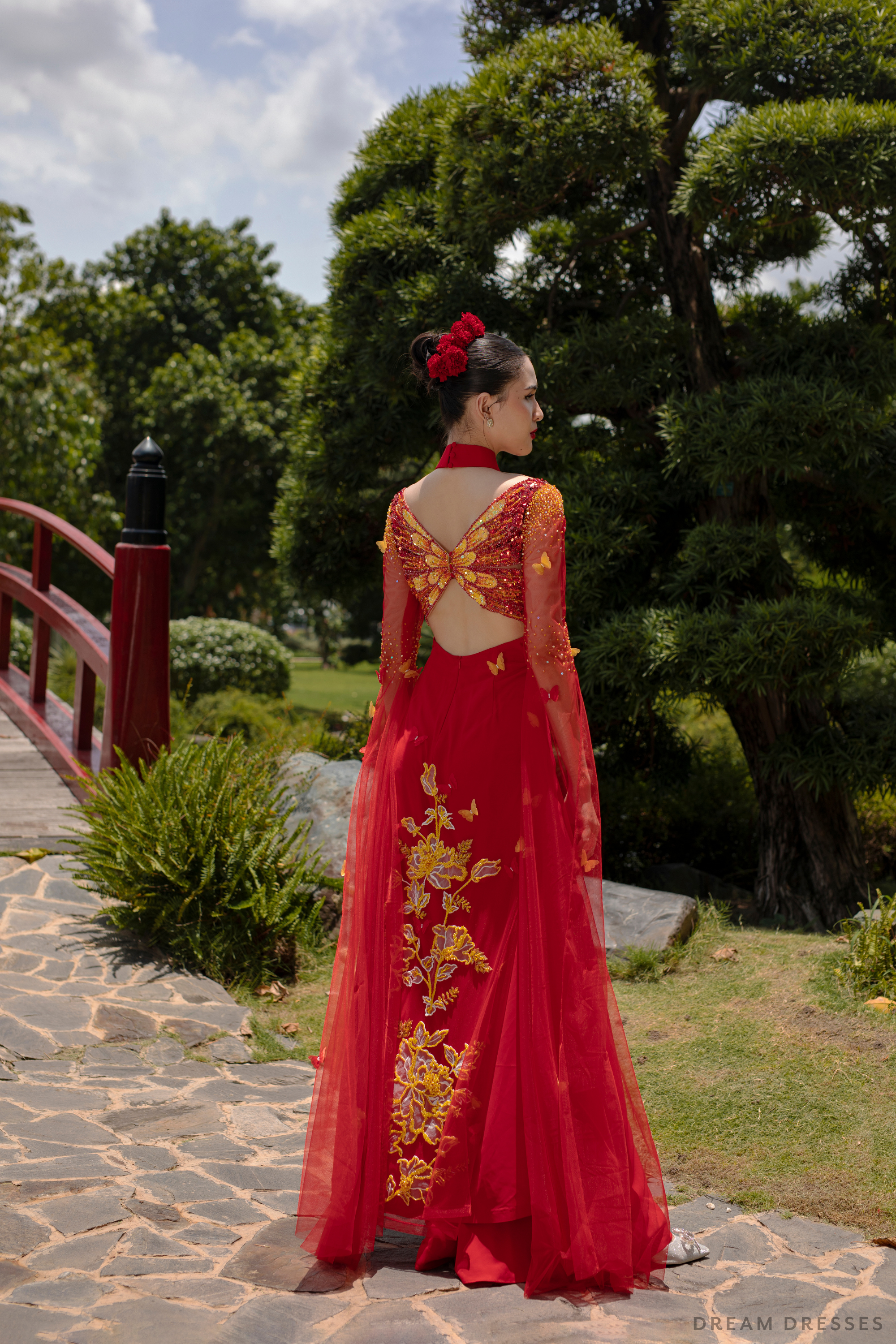 Red Bridal Ao Dai with Gold Lace | Modern Vietnamese Bridal Dress (#SEDNEE)