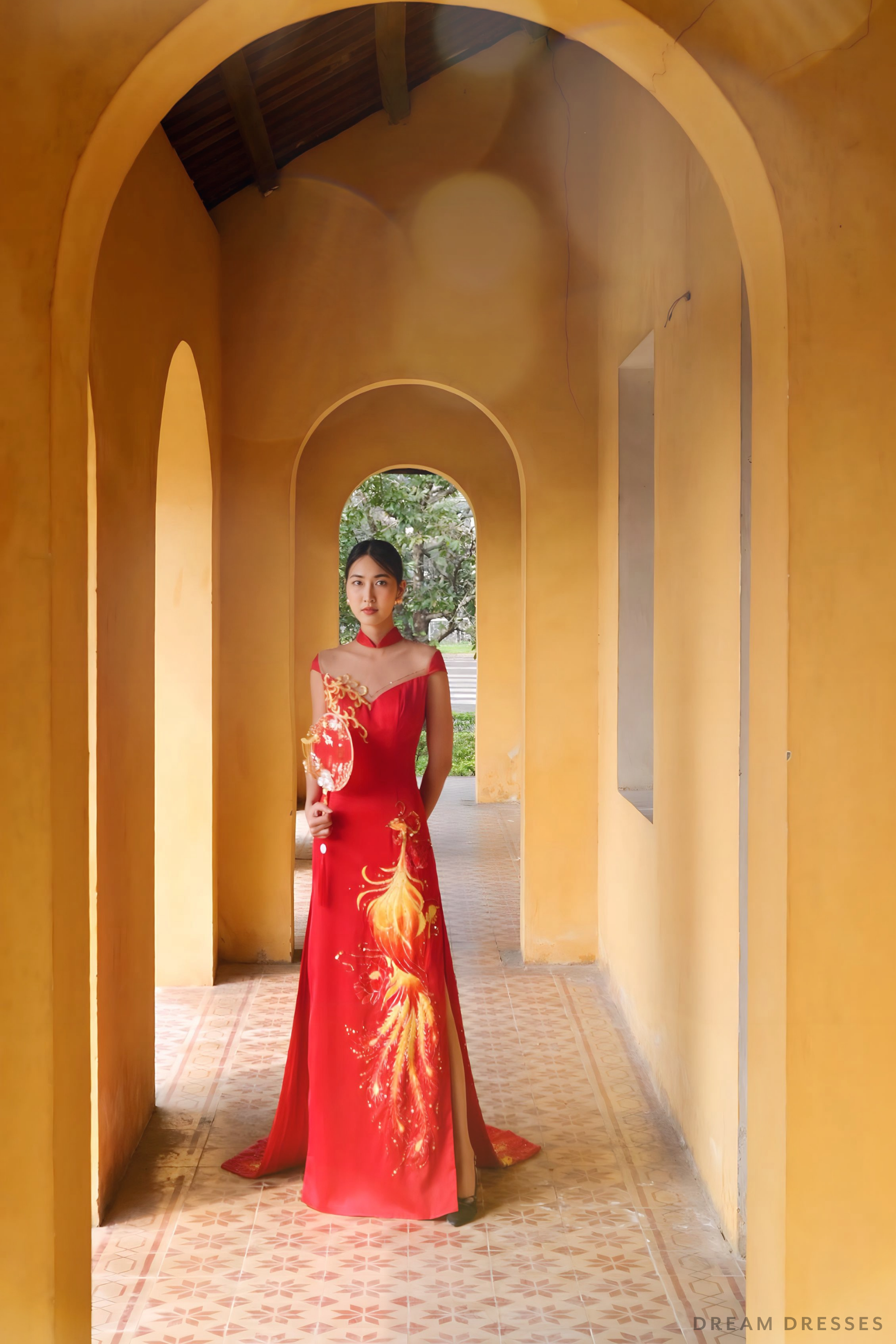 Red Bridal Cheongsam | Red Qipao Bridal Gown with Phoenix Lace  (#LANIE)