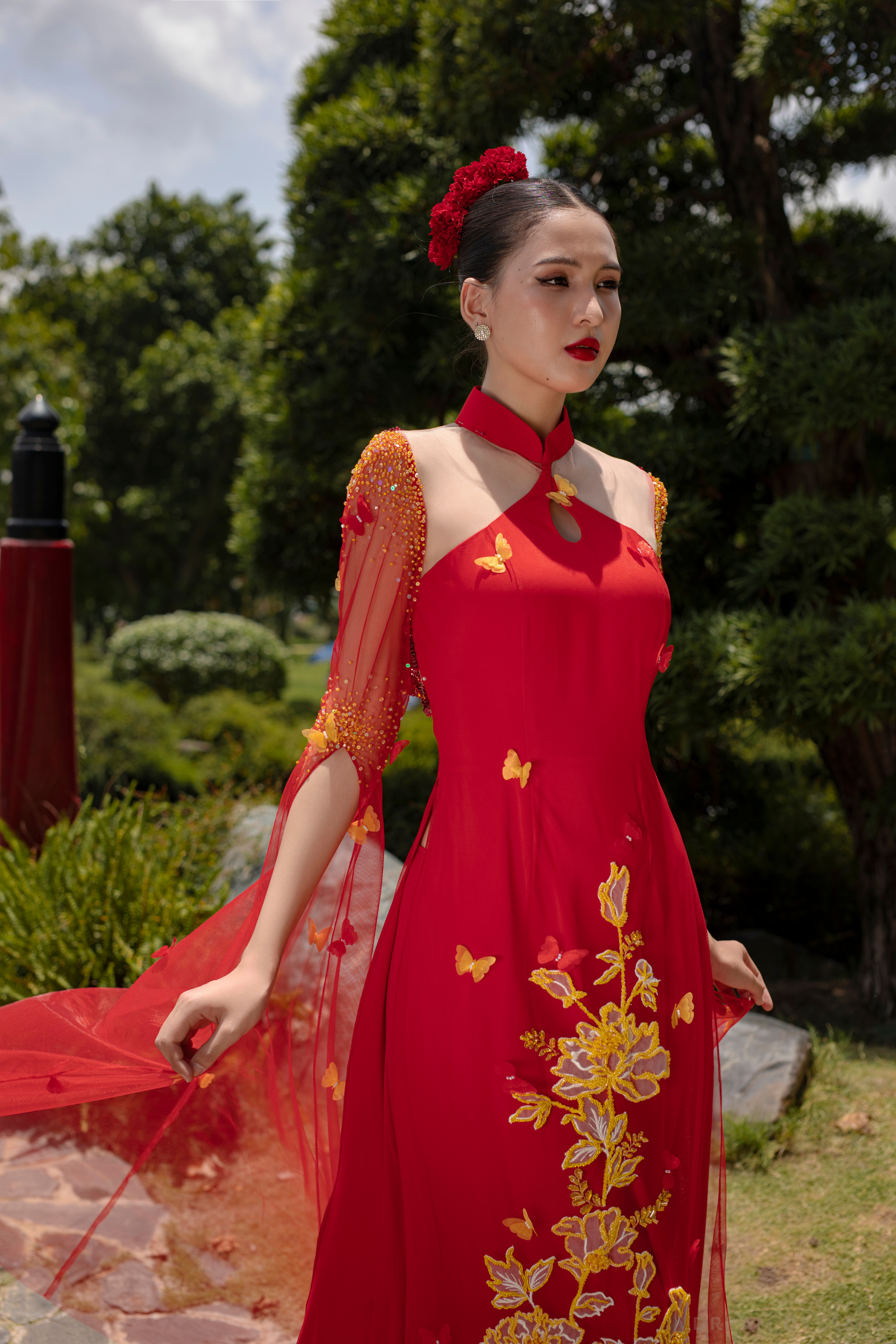 Red Bridal Ao Dai with Gold Lace | Modern Vietnamese Bridal Dress (#SEDNEE)