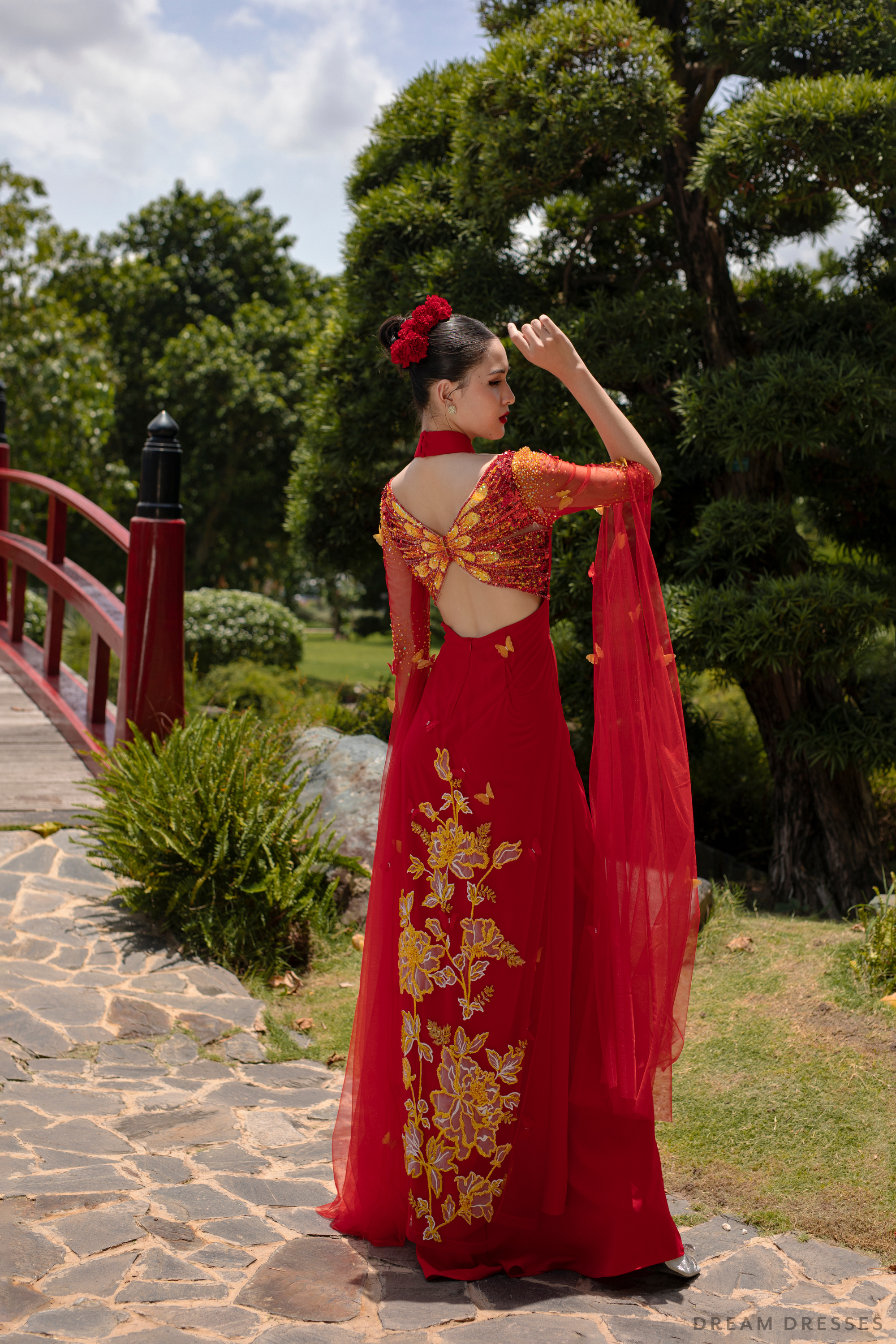 Red Bridal Ao Dai with Gold Lace | Modern Vietnamese Bridal Dress (#SEDNEE)