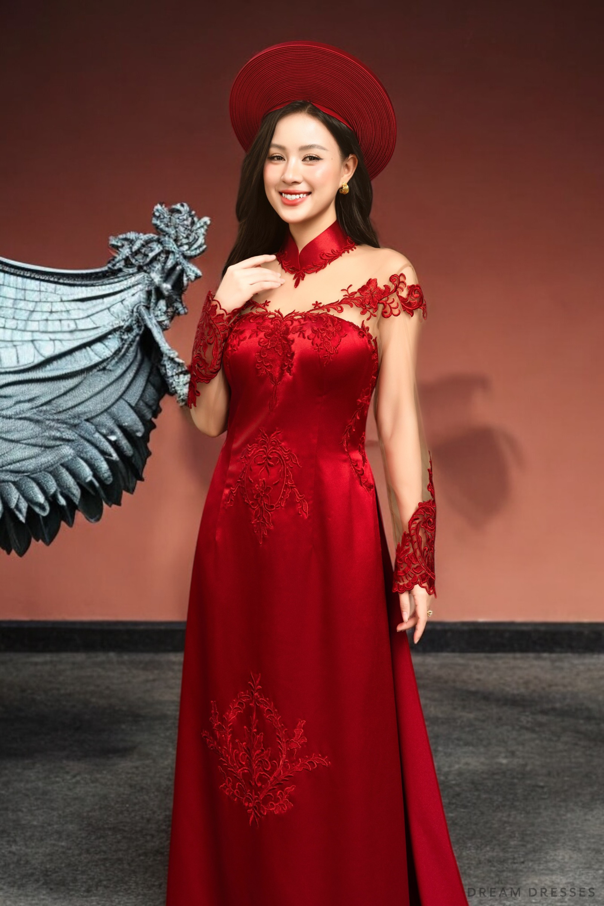 Red Bridal Ao Dai with Couture Lace | Vietnamese Bridal Dress (#AMINA)