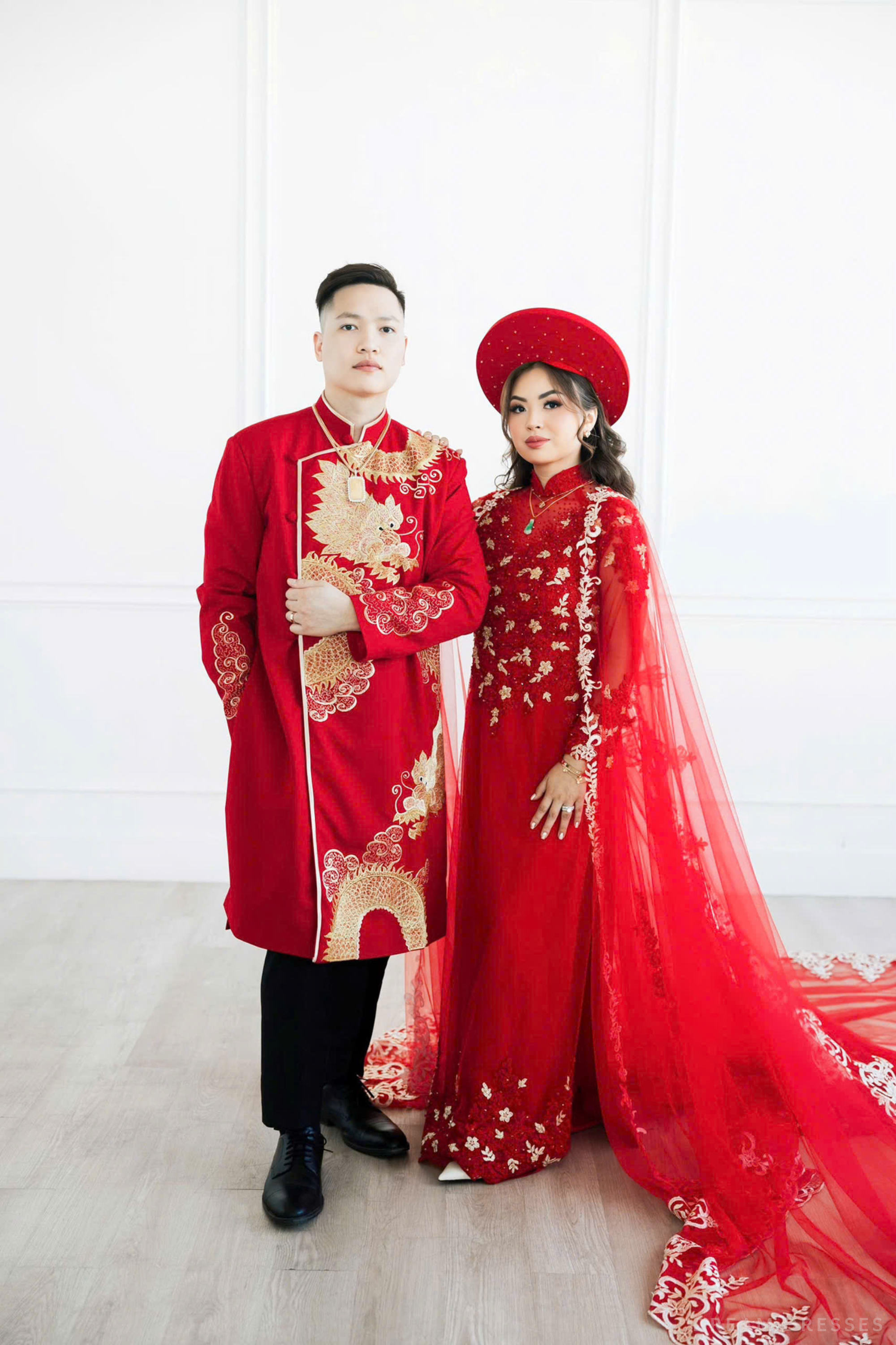 Red Bridal Ao Dai with Red and Gold Lace | Vietnamese Bridal Dress (#AMEE)