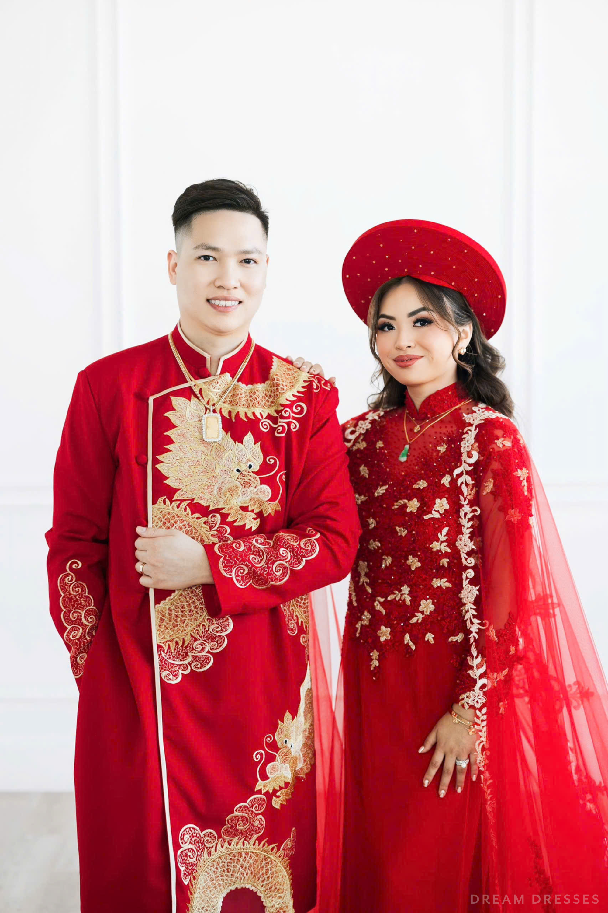 Red Bridal Ao Dai with Red and Gold Lace | Vietnamese Bridal Dress (#AMEE)