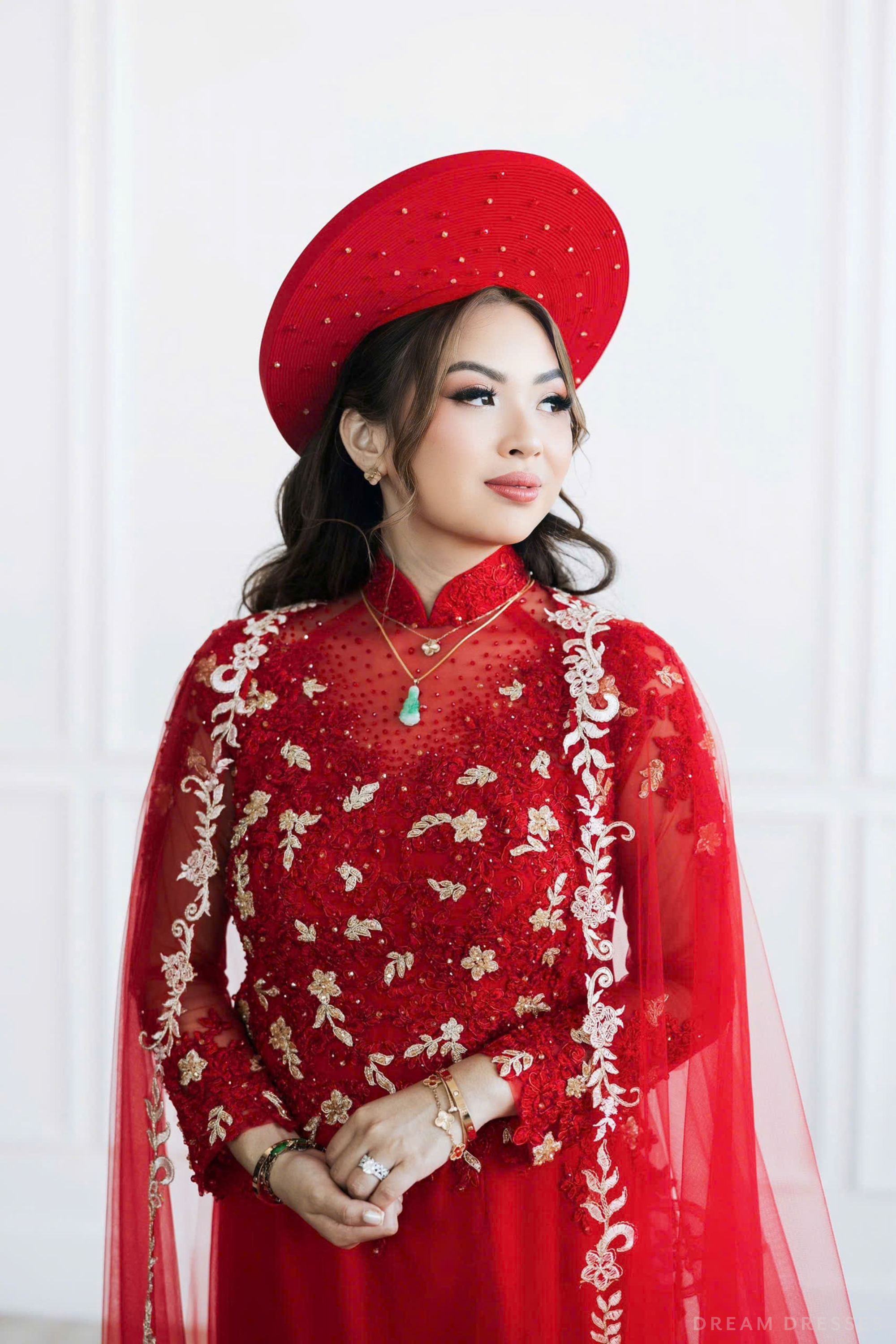 Red Bridal Ao Dai with Red and Gold Lace | Vietnamese Bridal Dress (#AMEE)