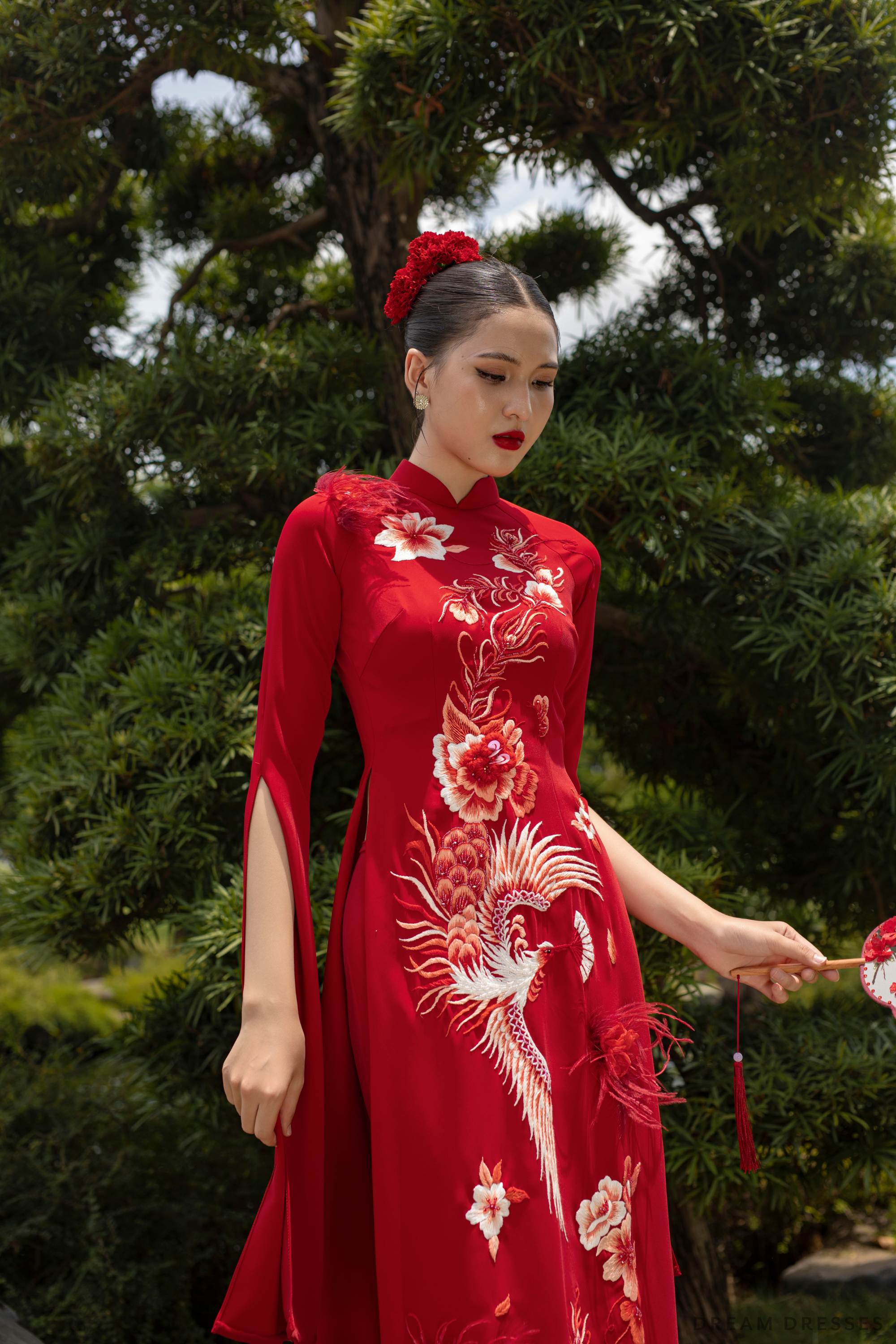 Red Bridal Ao Dai | Vietnamese Modern Bridal Dress with Phoenix Embroidery (#DAHAN)