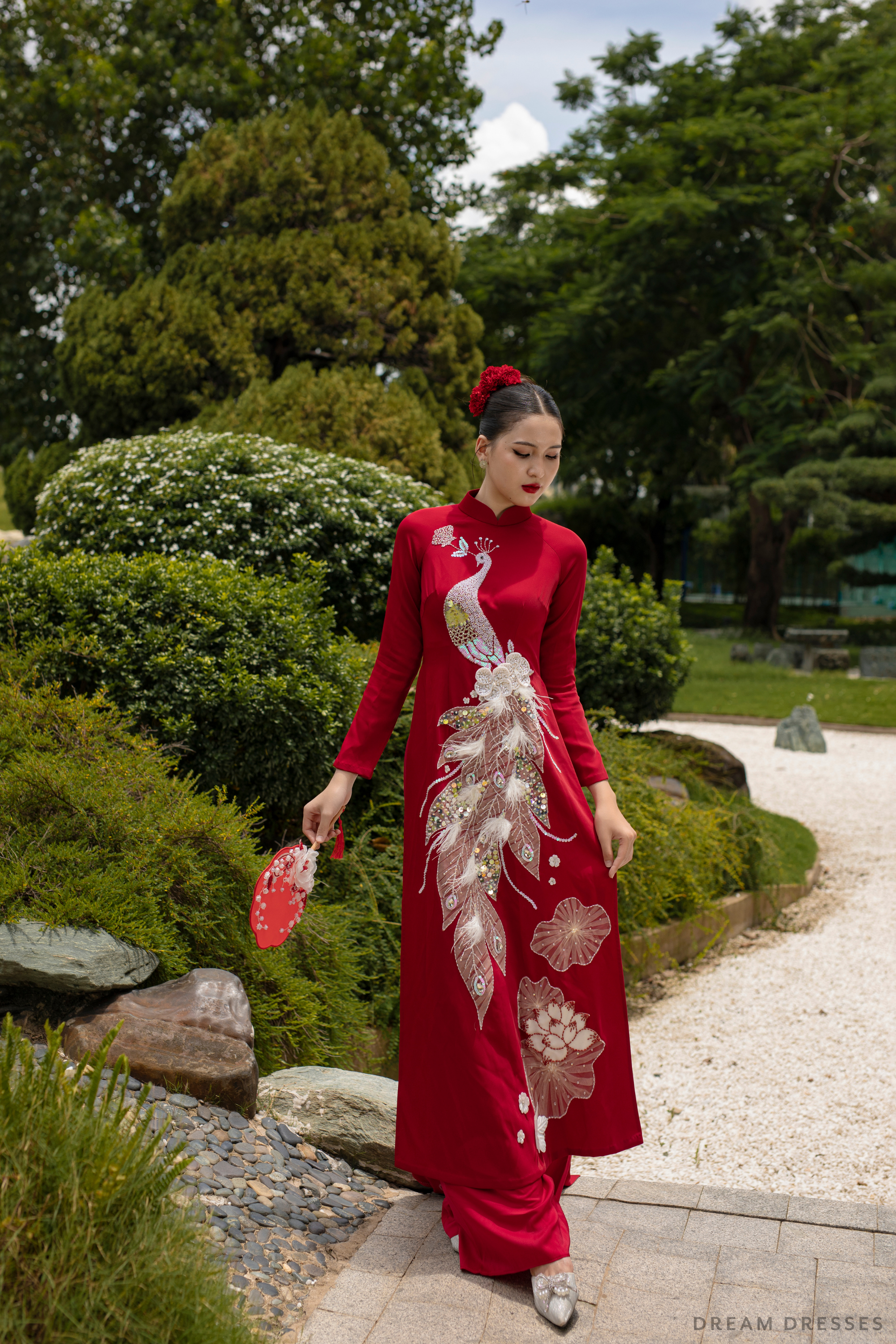 Red Bridal Ao Dai | Vietnamese Traditional Bridal Dress with Phoenix Embroidery (#JADE)