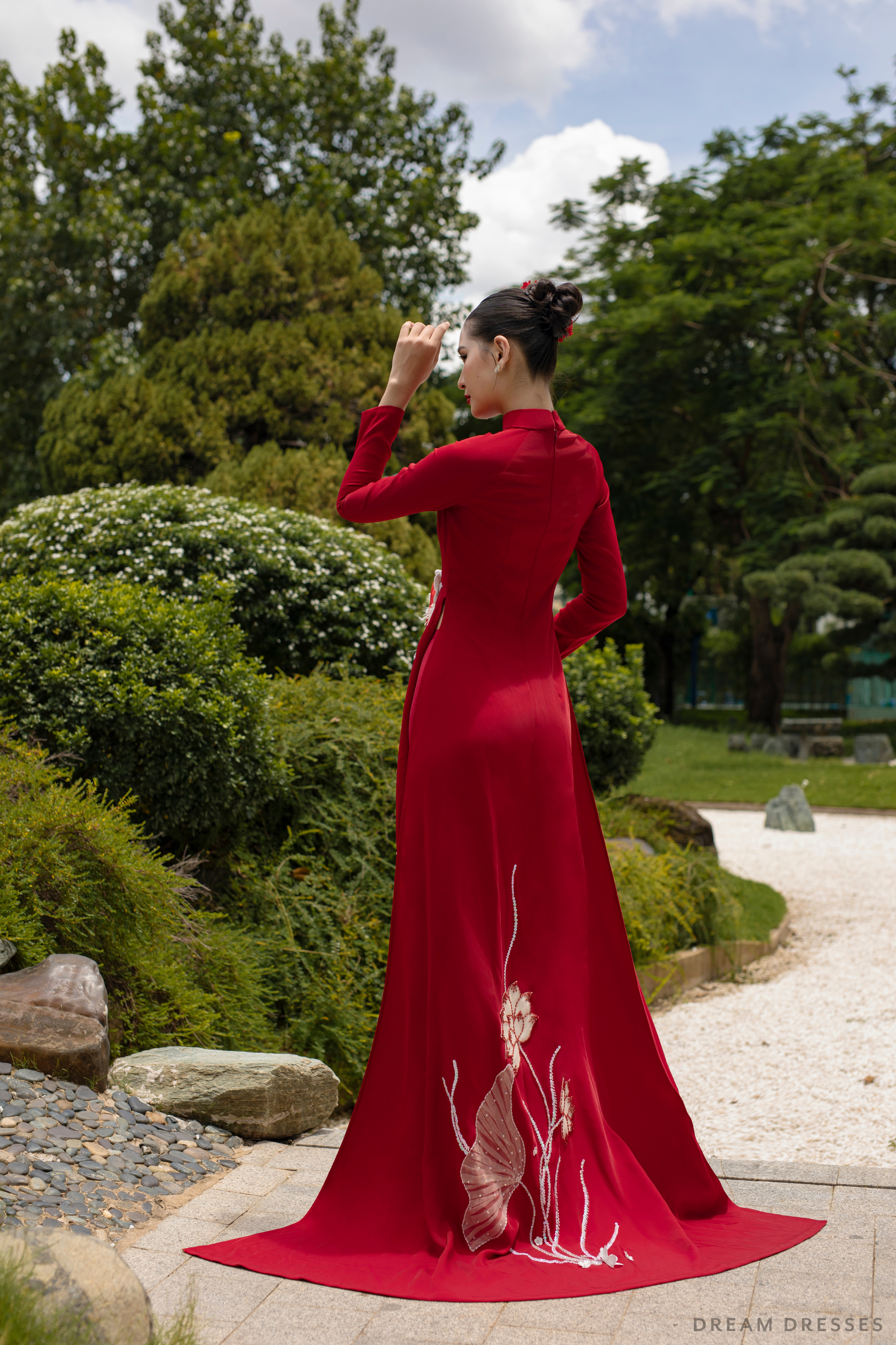 Red Bridal Ao Dai | Vietnamese Traditional Bridal Dress with Phoenix Embroidery (#JADE)