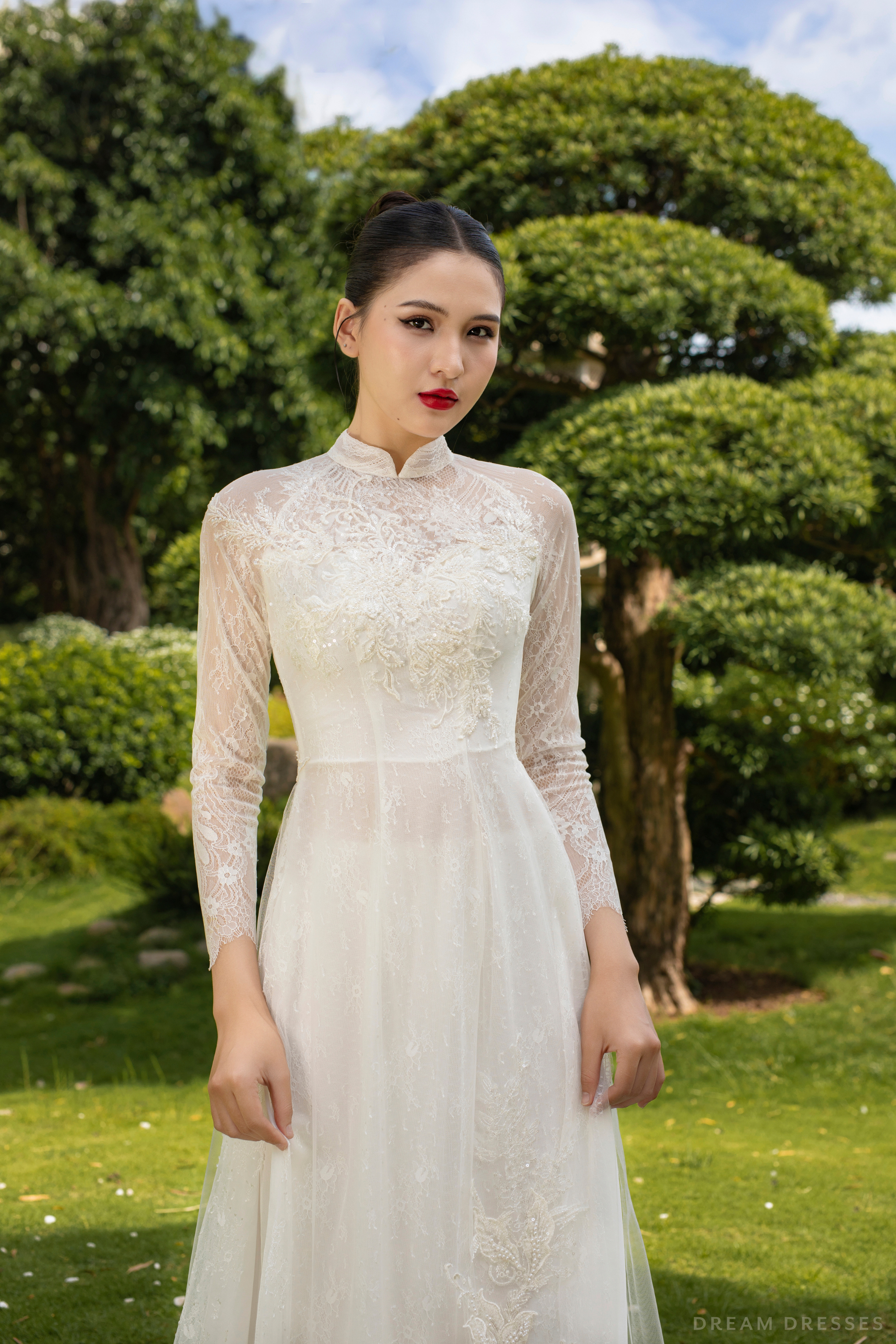 White Bridal Ao Dai | Vietnamese Traditional Bridal Dress with Couture Lace (#LENKA)