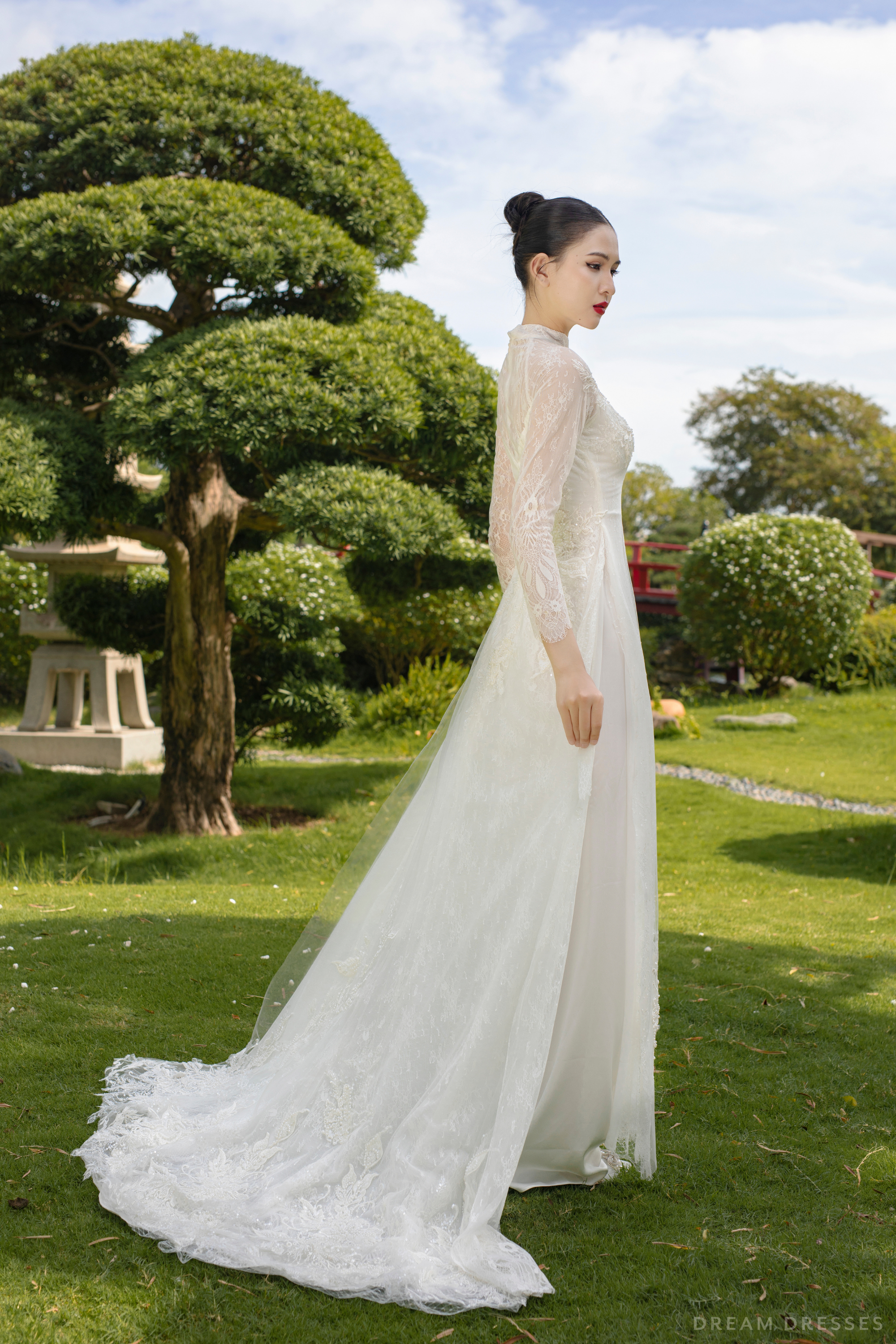 White Bridal Ao Dai | Vietnamese Traditional Bridal Dress with Couture Lace (#LENKA)