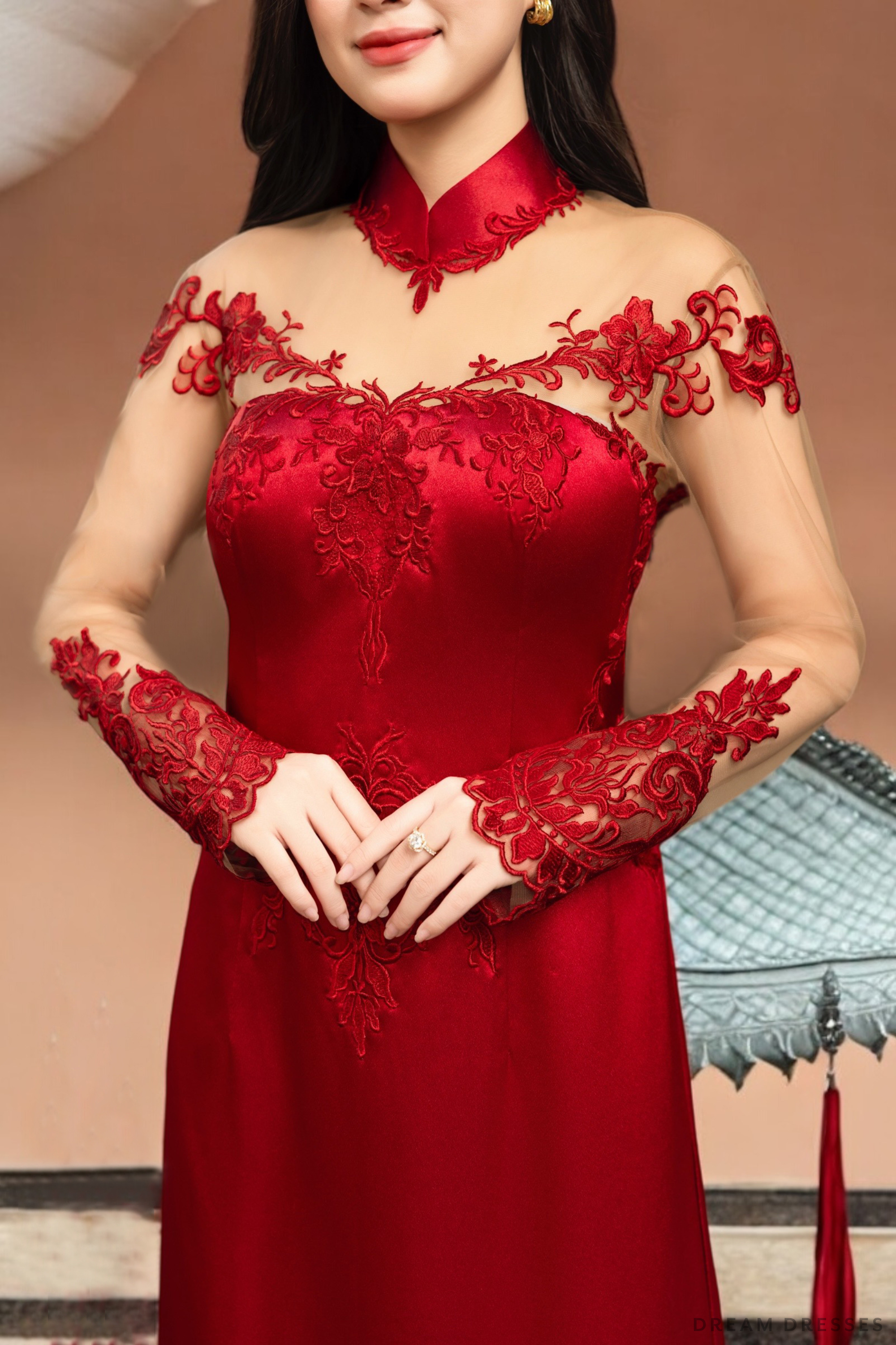 Red Bridal Ao Dai with Couture Lace | Vietnamese Bridal Dress (#AMINA)