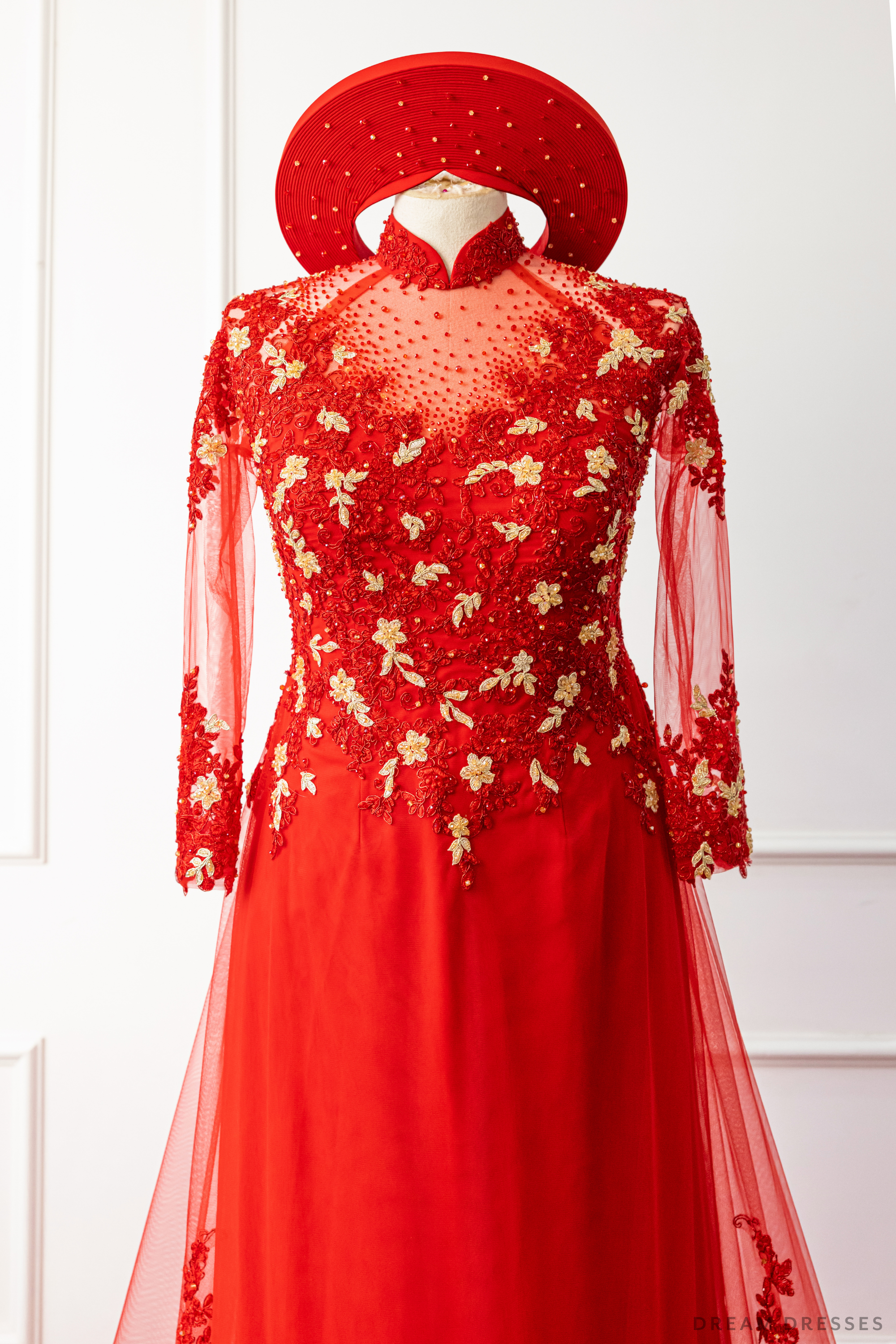 Red Bridal Ao Dai with Red and Gold Lace | Vietnamese Bridal Dress (#AMEE)