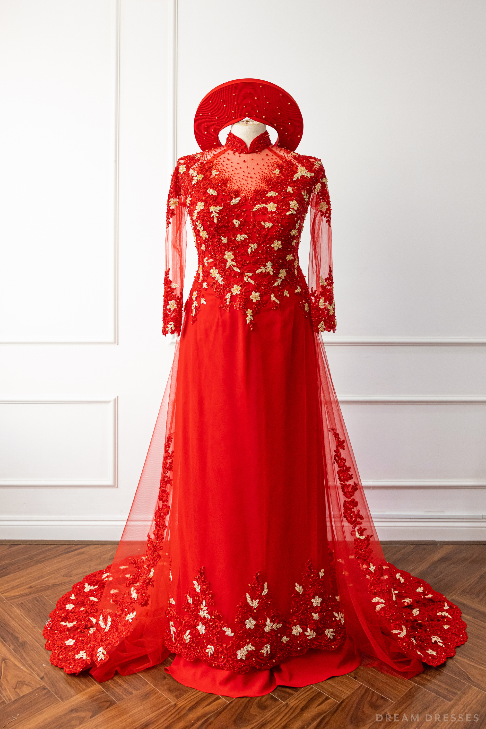 Red Bridal Ao Dai with Red and Gold Lace | Vietnamese Bridal Dress (#AMEE)