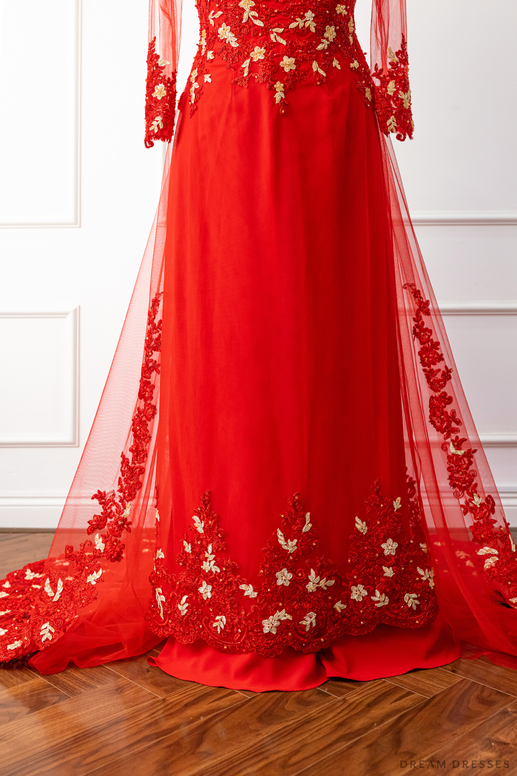 Red Bridal Ao Dai with Red and Gold Lace | Vietnamese Bridal Dress (#AMEE)