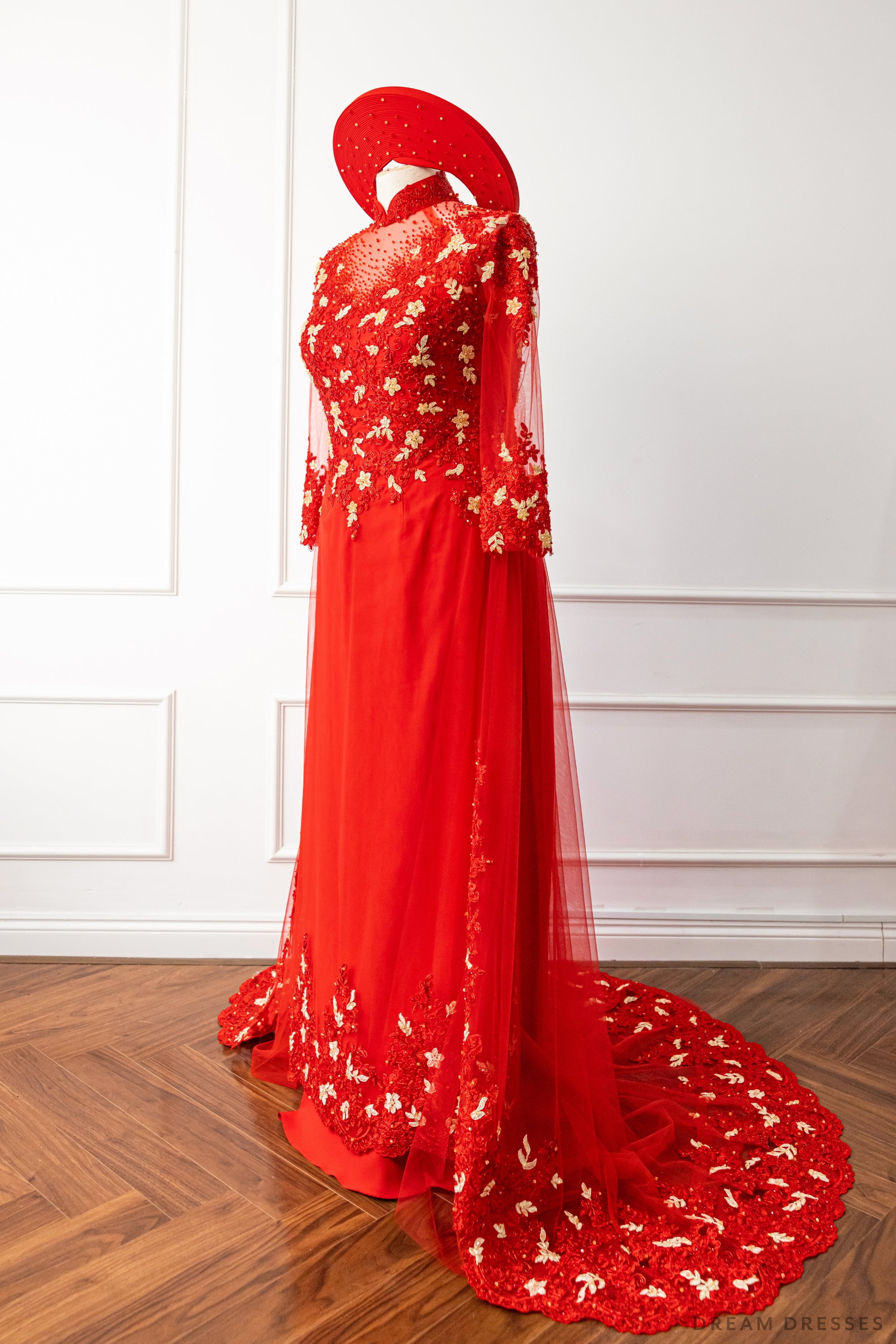 Red Bridal Ao Dai with Red and Gold Lace | Vietnamese Bridal Dress (#AMEE)