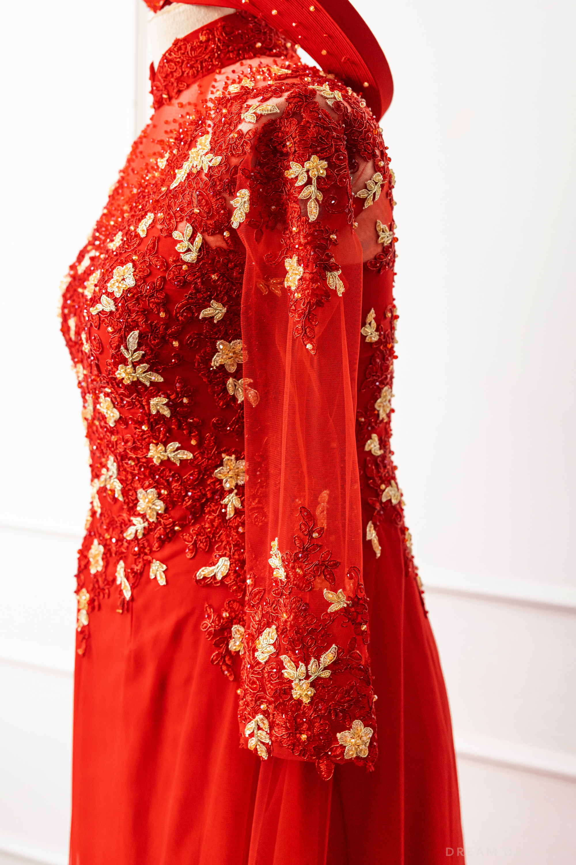 Red Bridal Ao Dai with Red and Gold Lace | Vietnamese Bridal Dress (#AMEE)