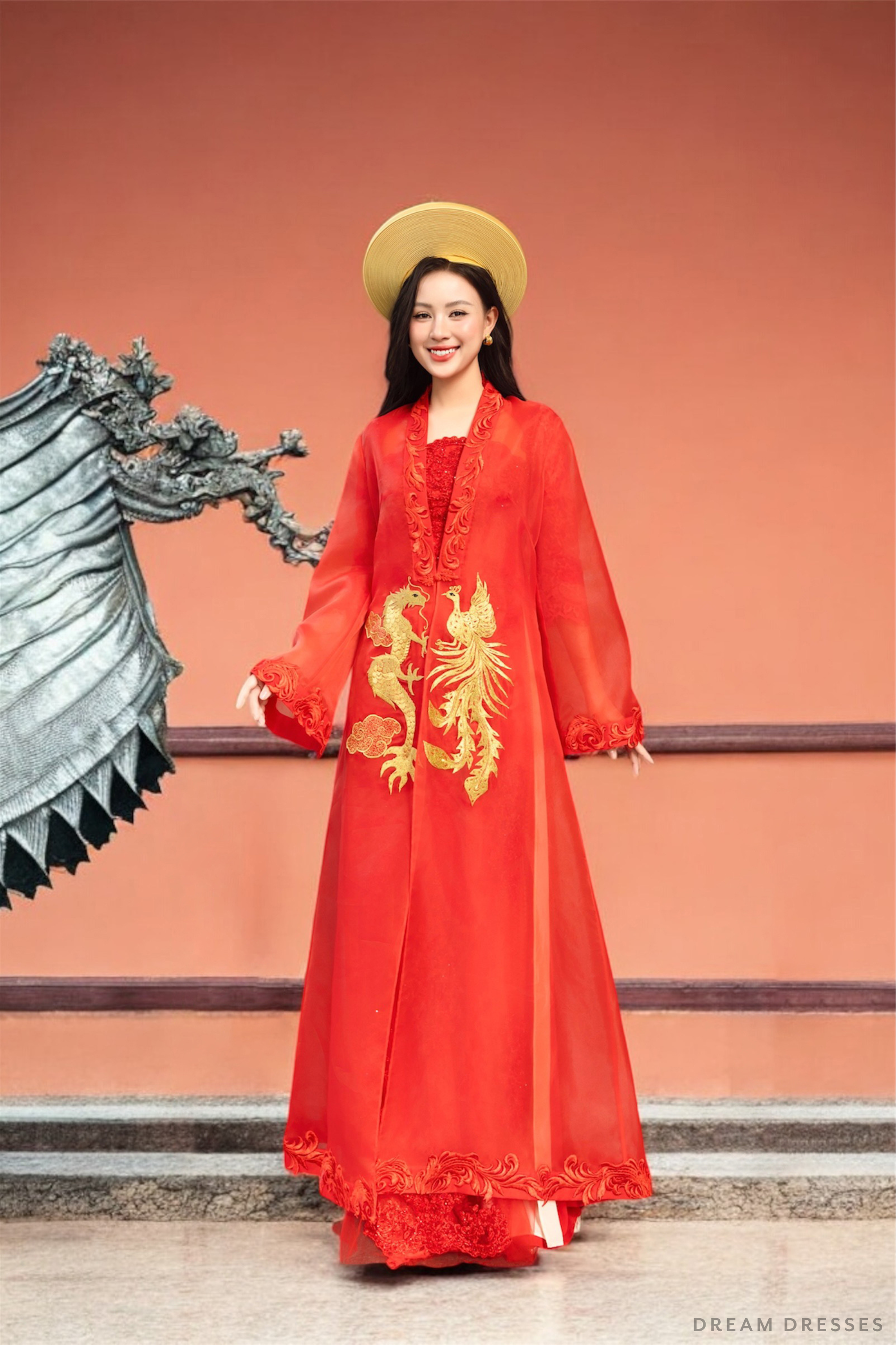 Red and Gold Ao Dai OverCoat | Traditional Vietnamese Bridal OverCoat  (#ANNA)