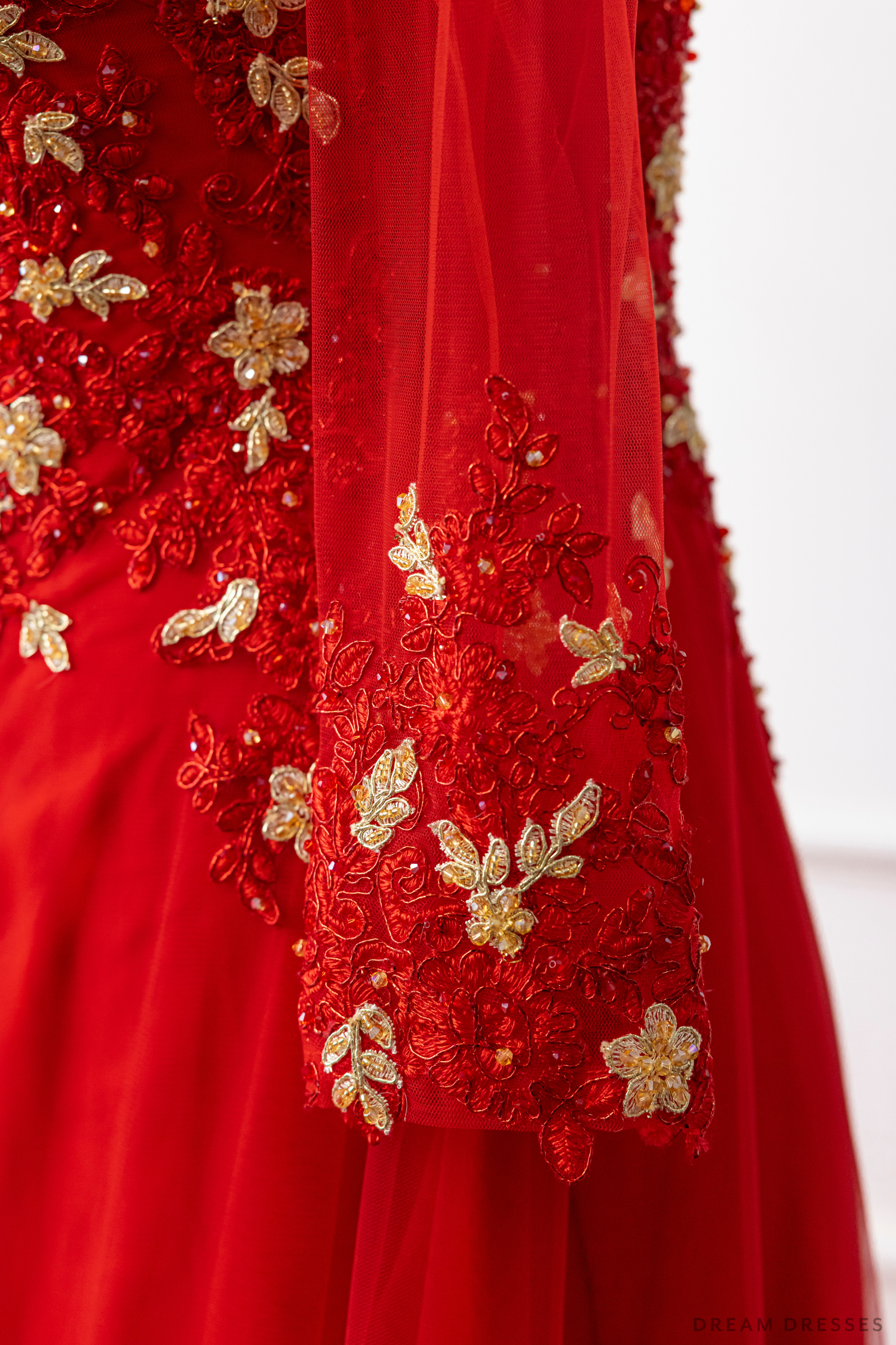 Red Bridal Ao Dai with Red and Gold Lace | Vietnamese Bridal Dress (#AMEE)