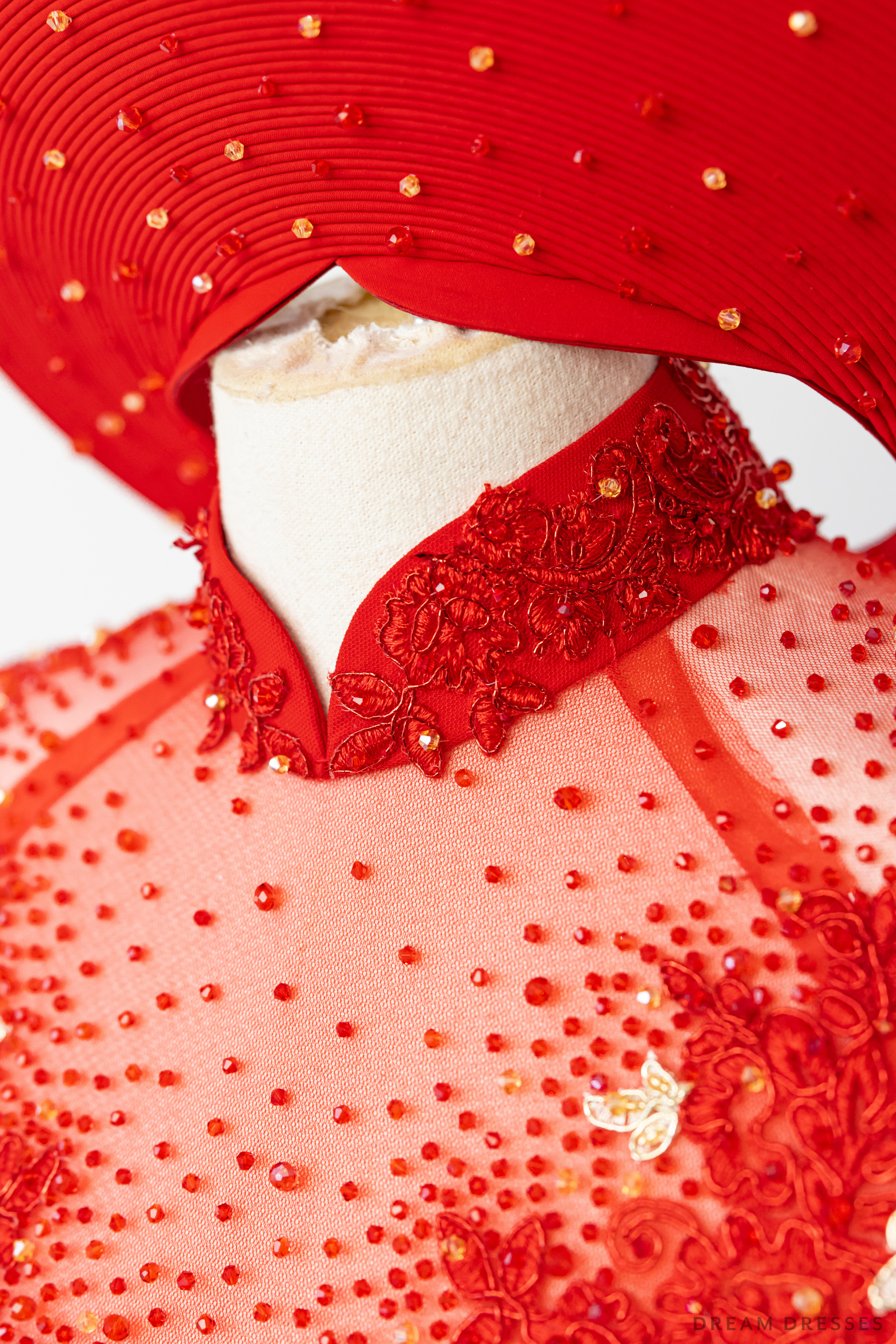 Red Bridal Ao Dai with Red and Gold Lace | Vietnamese Bridal Dress with Hat (#AMEE)