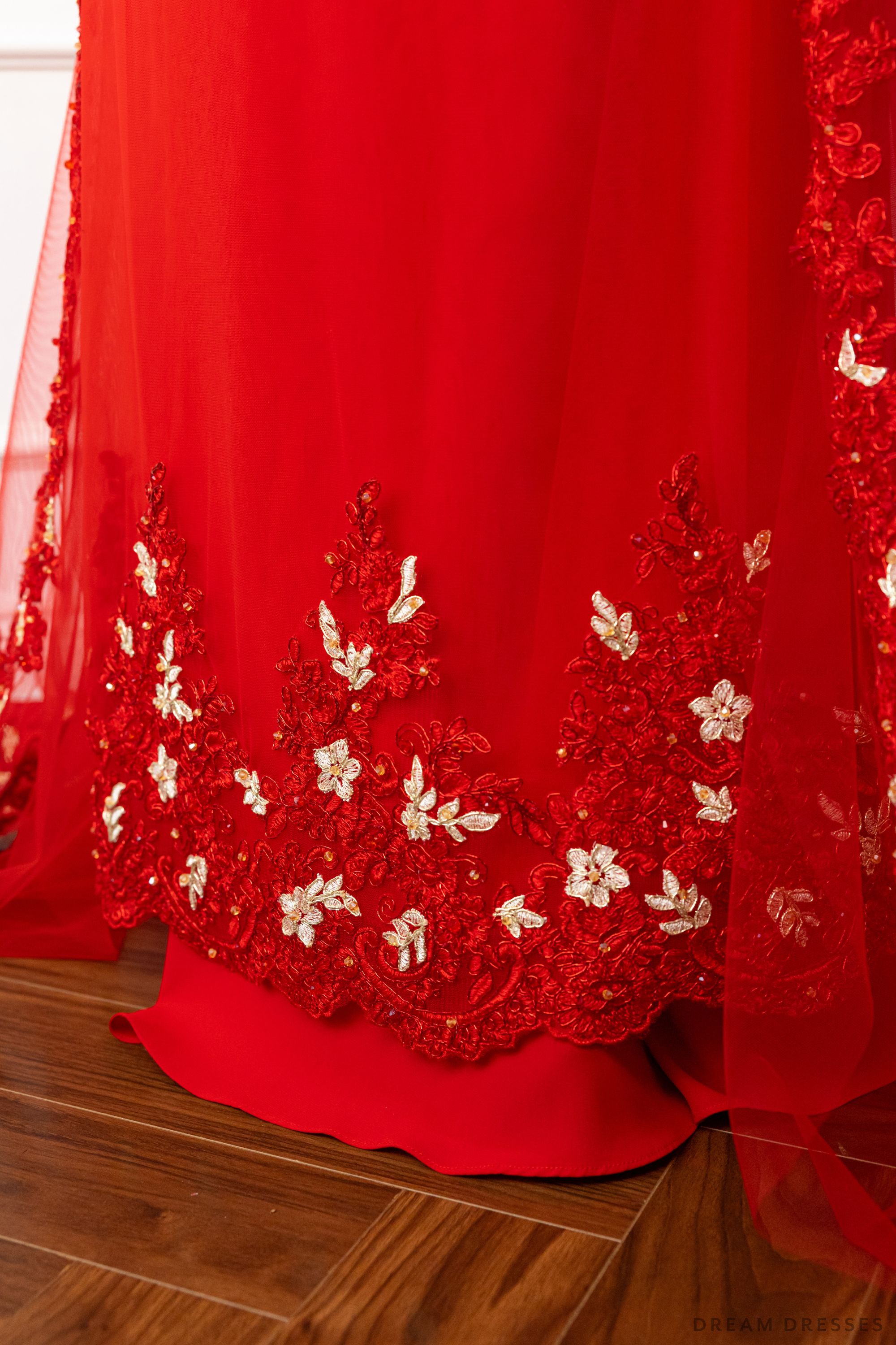 Red Bridal Ao Dai with Red and Gold Lace | Vietnamese Bridal Dress with Hat (#AMEE)