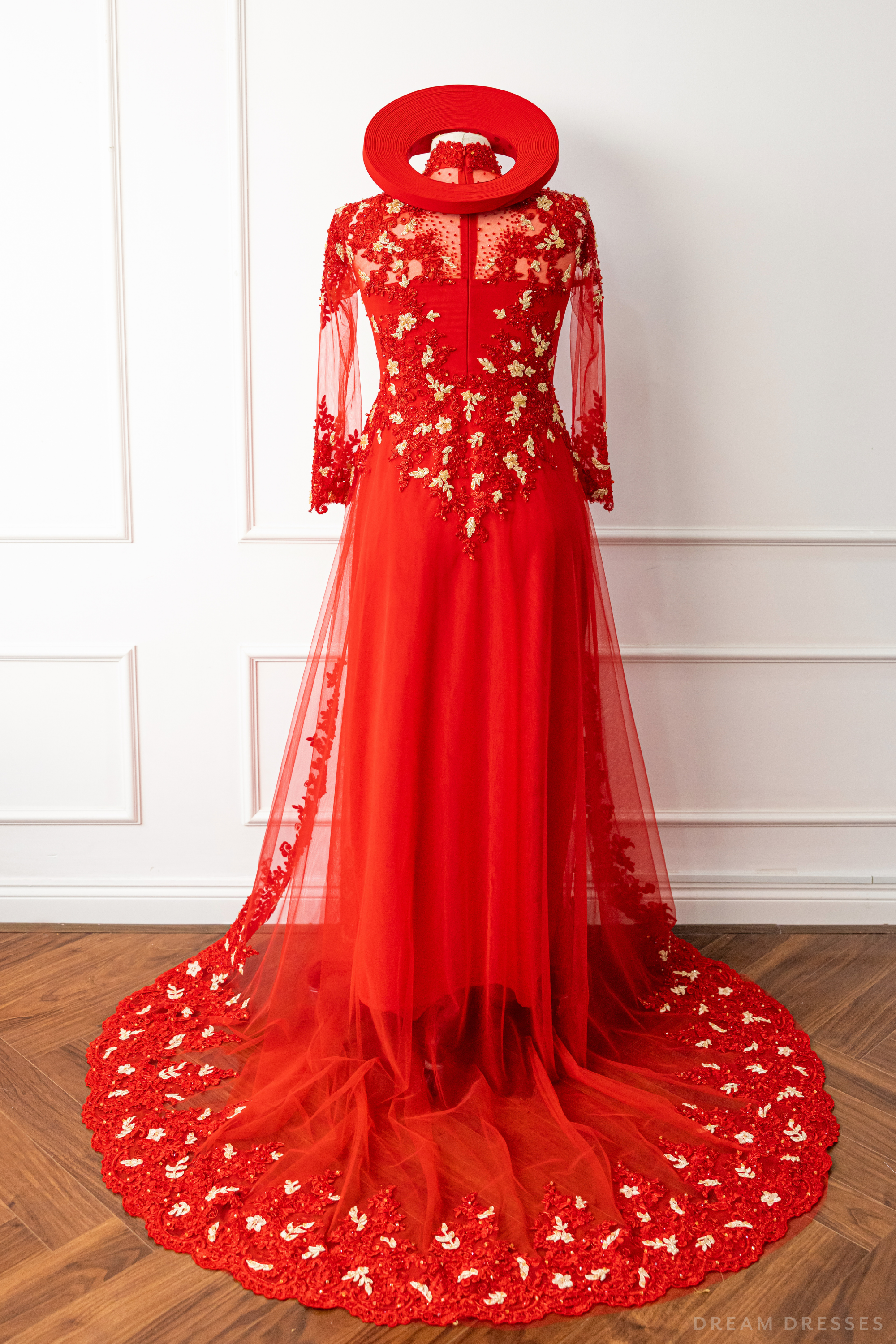 Red Bridal Ao Dai with Red and Gold Lace | Vietnamese Bridal Dress (#AMEE)