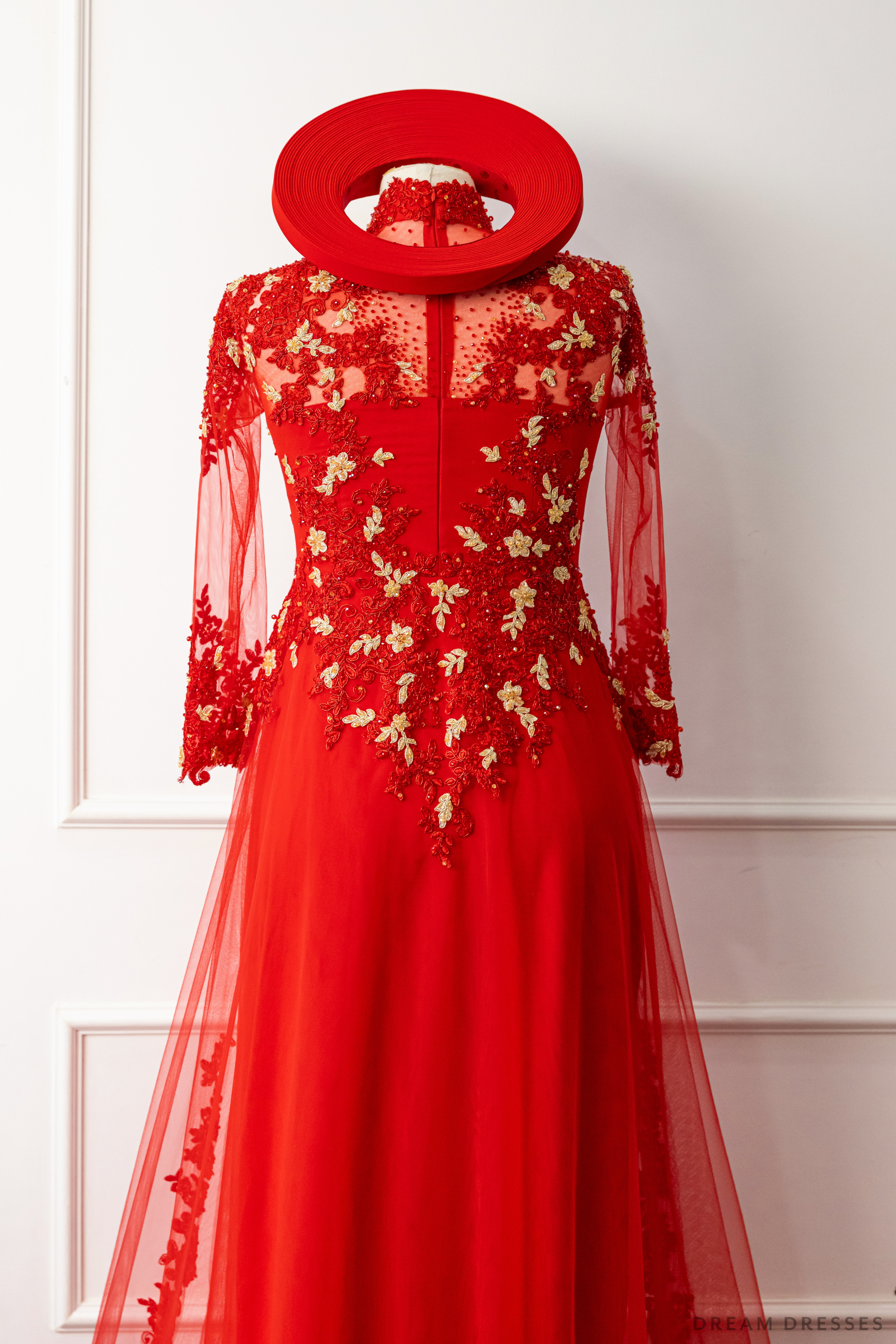 Red Bridal Ao Dai with Red and Gold Lace | Vietnamese Bridal Dress with Hat (#AMEE)