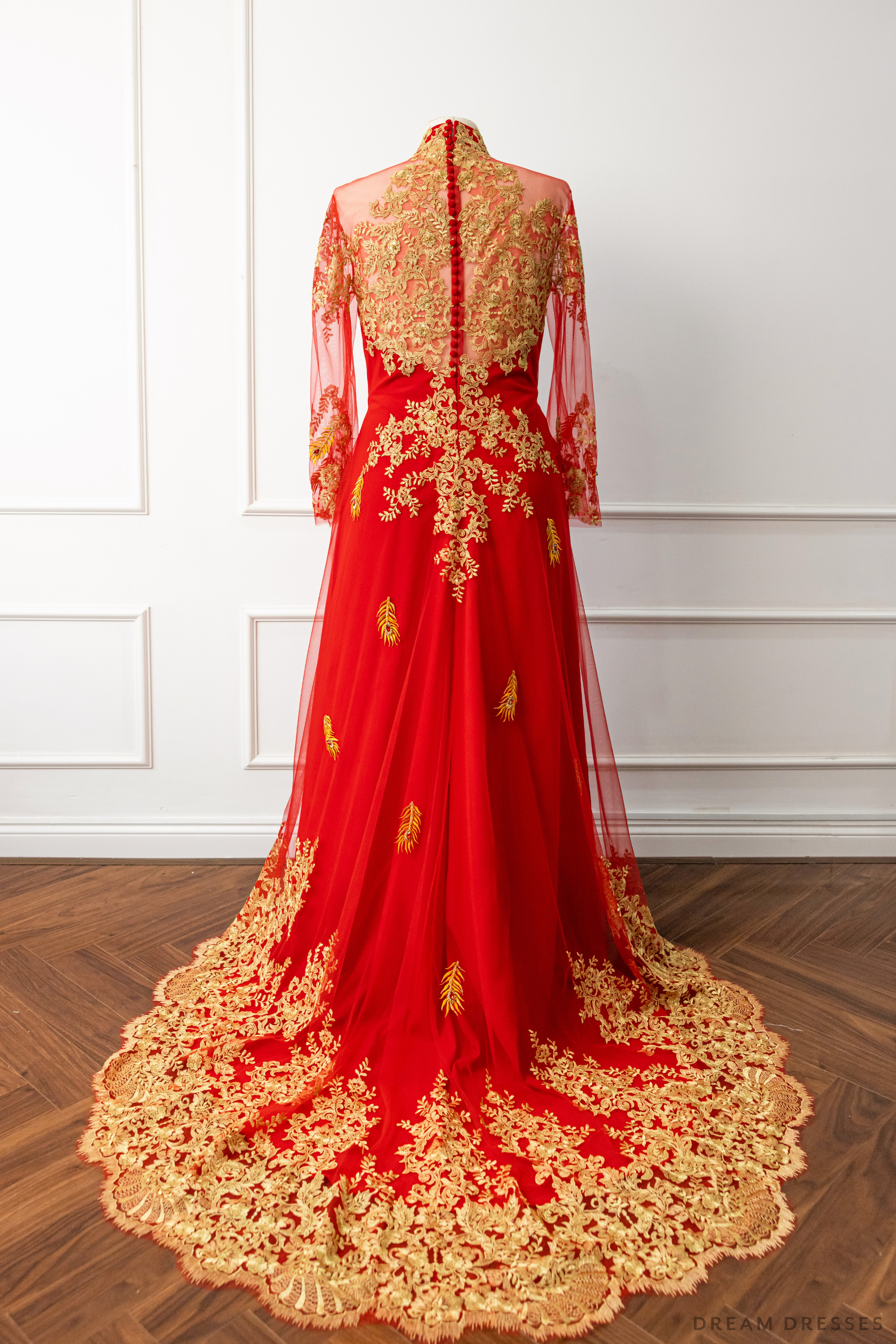 Red Bridal Ao Dai | Vietnamese Modern Bridal Dress with Phoenix Embroidery (#LYS)