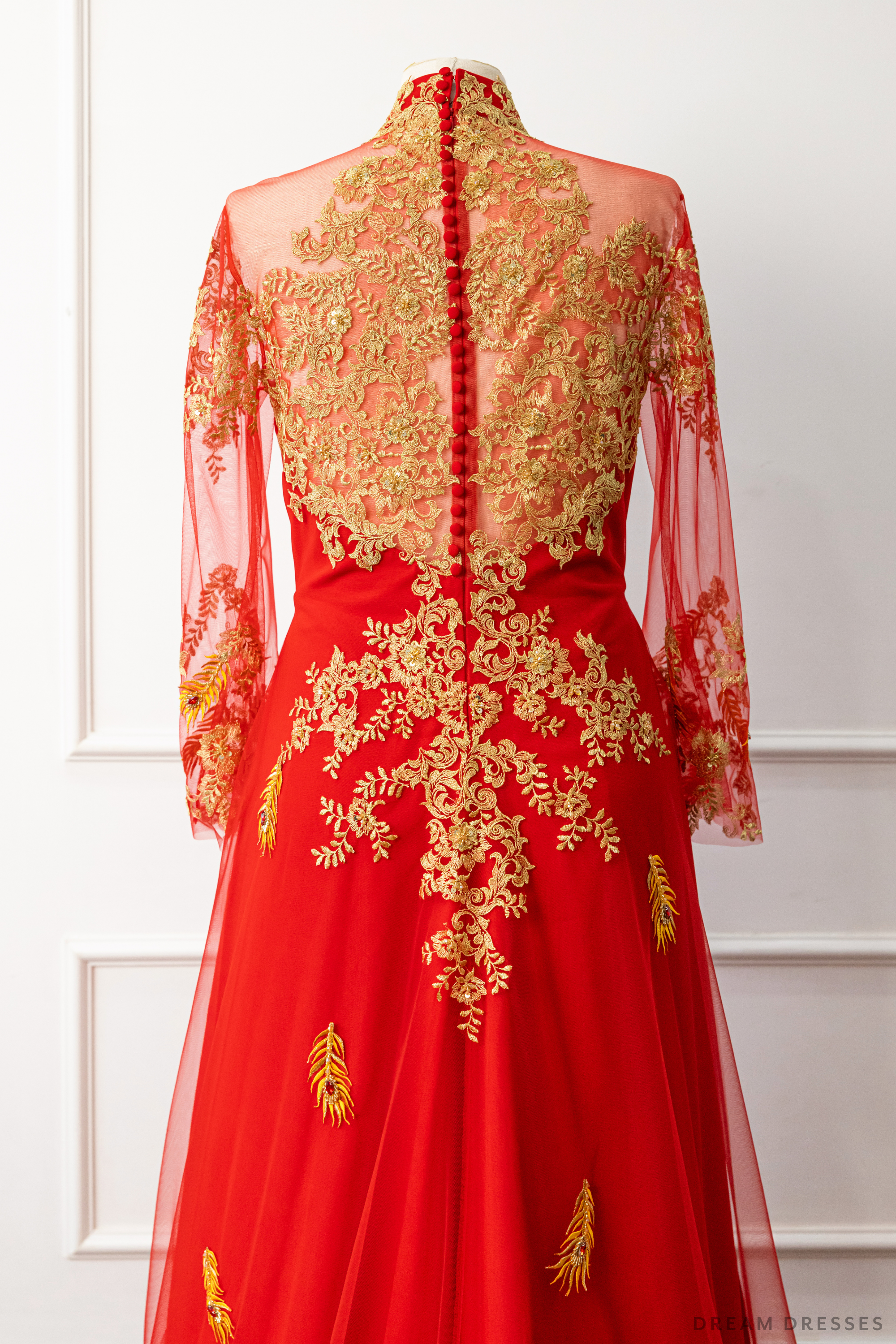 Red Bridal Ao Dai | Vietnamese Modern Bridal Dress with Phoenix Embroidery (#LYS)