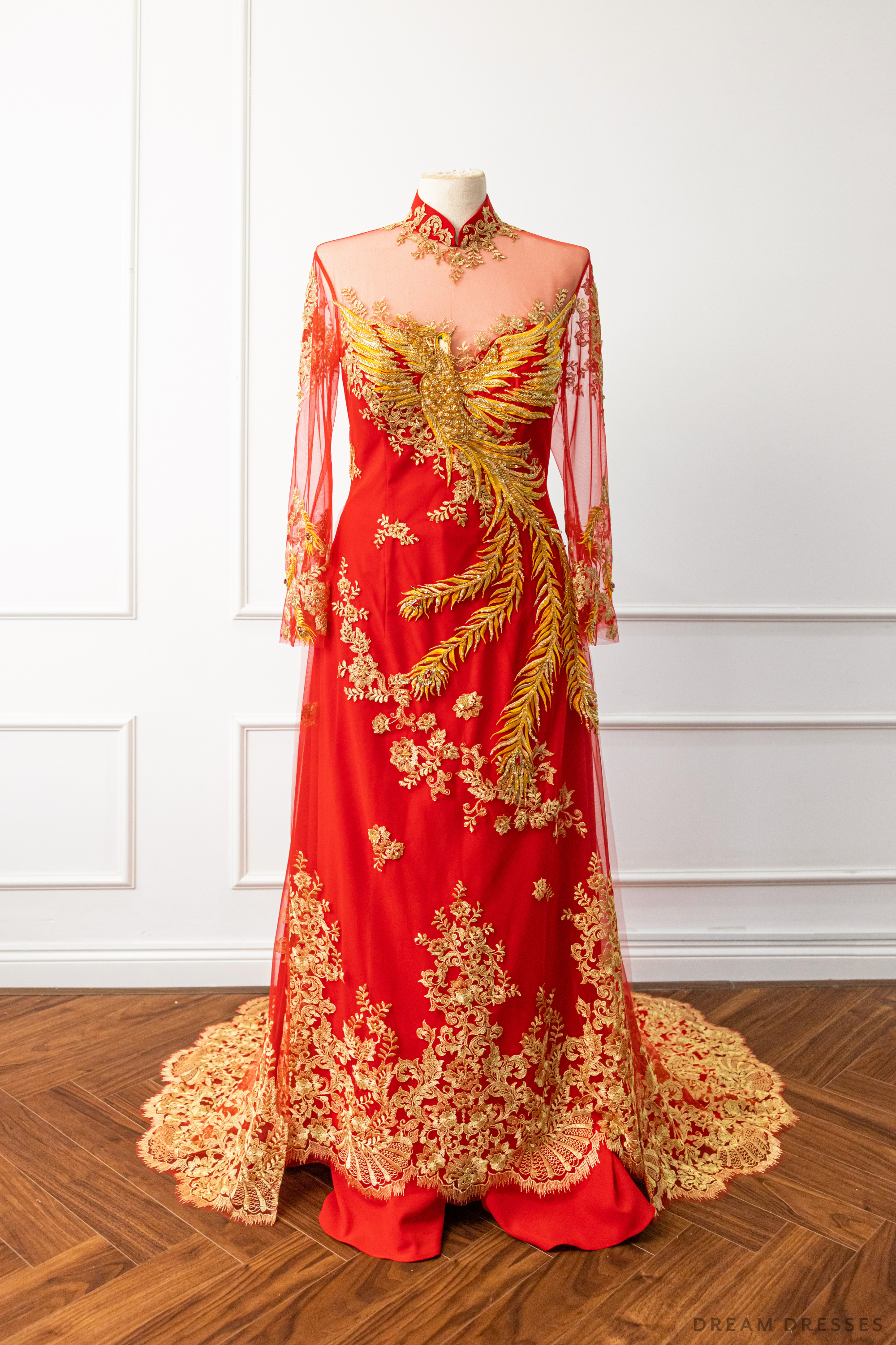 Red Bridal Ao Dai | Vietnamese Modern Bridal Dress with Phoenix Embroidery (#LYS)